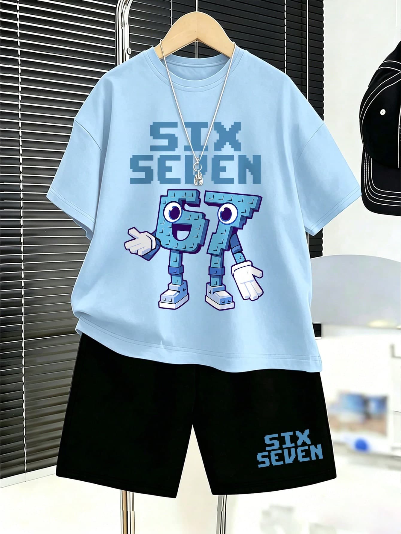 2pcs/Set Teenage Boys Funny Number "67" Print Round Neck T-Shirt + Shorts Set, New Summer Comfortable Kids Outfit