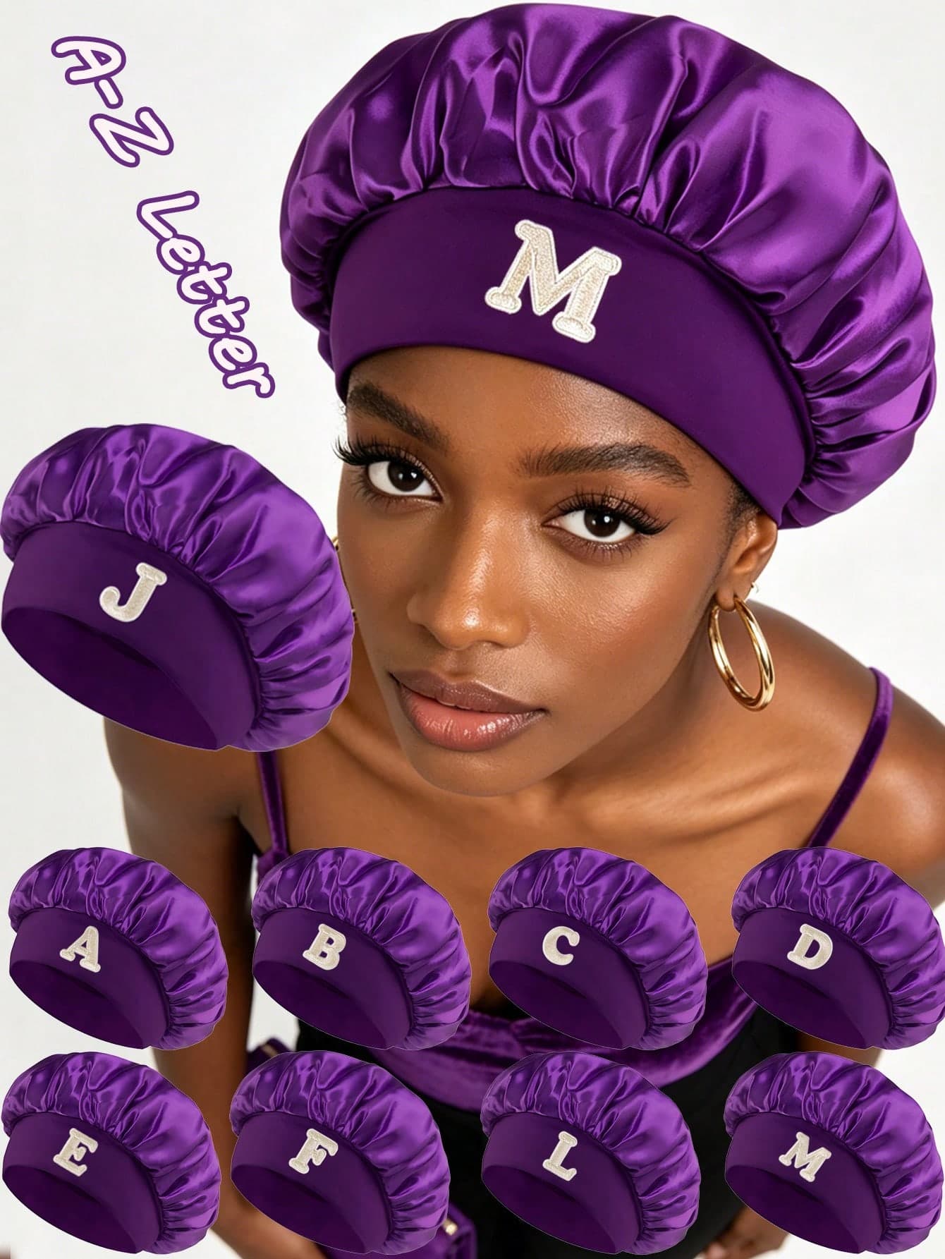 1pc Customized Initial Letter Luxury Satin Sleep Cap, Purple