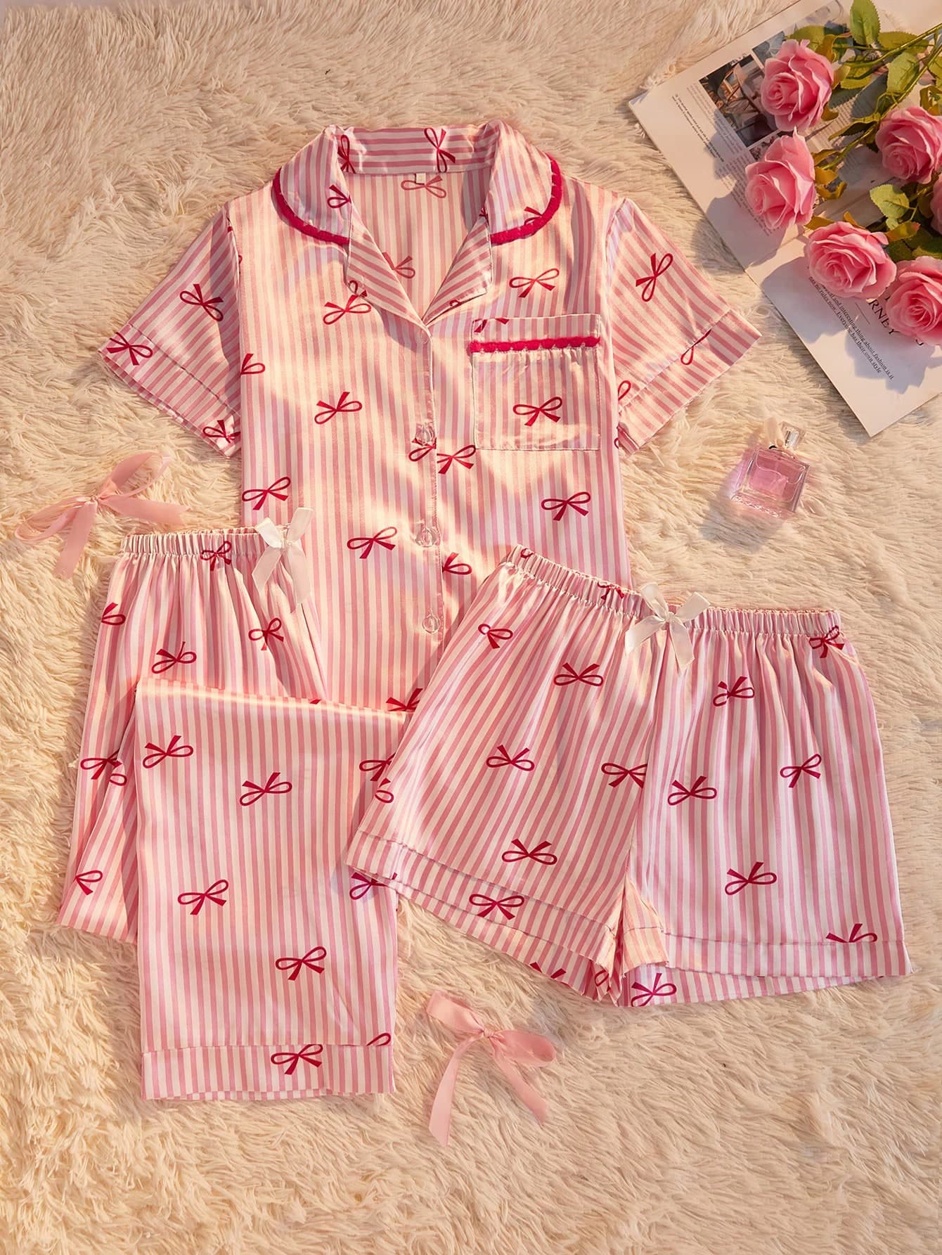 3pcs Women's Summer Satin Pajama Set, Loose Striped Bow Decor Pocket Front Button Lapel Short Sleeve Top And Shorts/Pants