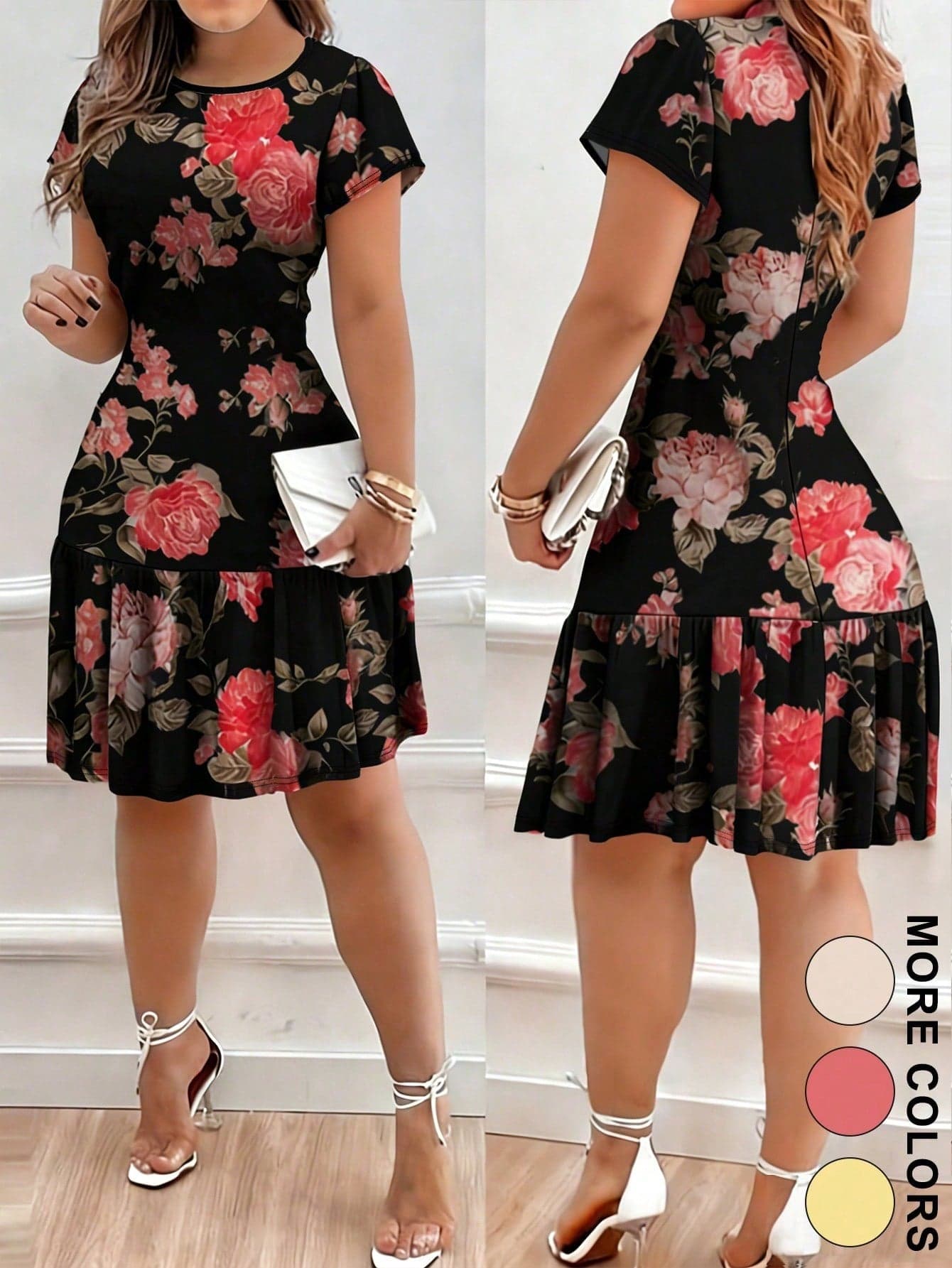 New Arrival Spring/Summer Fashion Digital Printed Dress, Milk Silk Fabric, Cool Fabric For Summer, Suitable For Dates, Photo Shoots, Dancing, Parties, Shopping, Vacation. Romantic Rose Print With Ruffle Hem, Short, Breathable, Flattering, Versatile, Fresh And Elegant Black