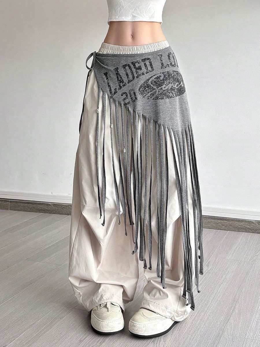 American Baddie Style Distressed Print Tassel Patchwork Hip Scarf, Fashionable Jazz Dance Waist Accessory