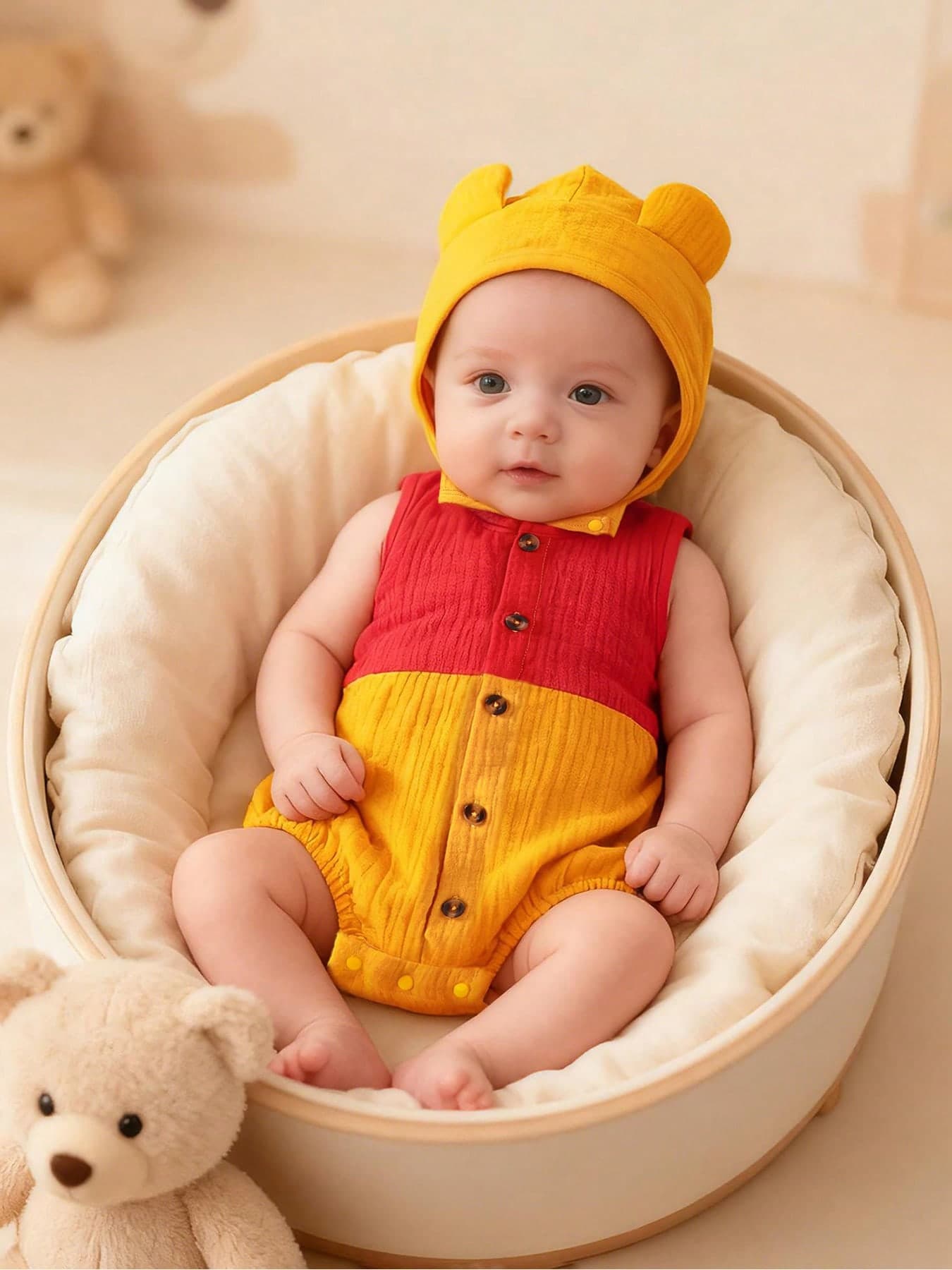 Baby Boys Bear + Bear Ear Hat, Red & Yellow Contrast Cartoon Bodysuit, Breathable Gauze Fabric, Suitable For Baby's 100th Day/1st Birthday Photo Shoot