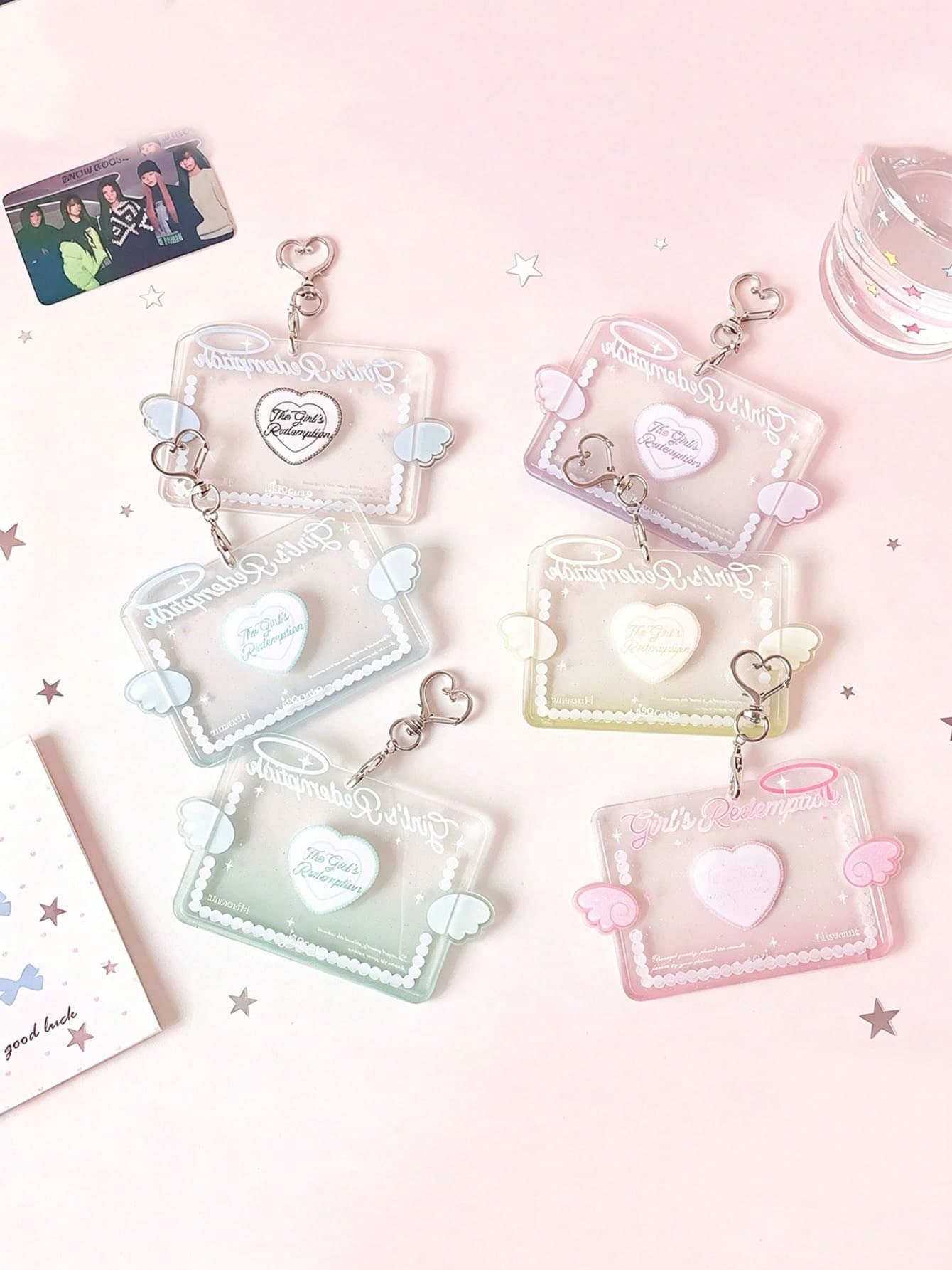 1 PC Girl's Heart Angel Wings Horizontal Transparent Keychain Card Holder For Fan 3-Inch Mini Card Display Case Student Meal Card Holder