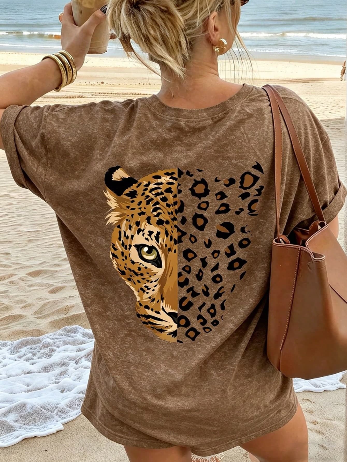 Women's Casual Leopard Print Round Neck Brown Short Sleeve T-Shirt, Minimalist Daily Street Style, Spring/Summer