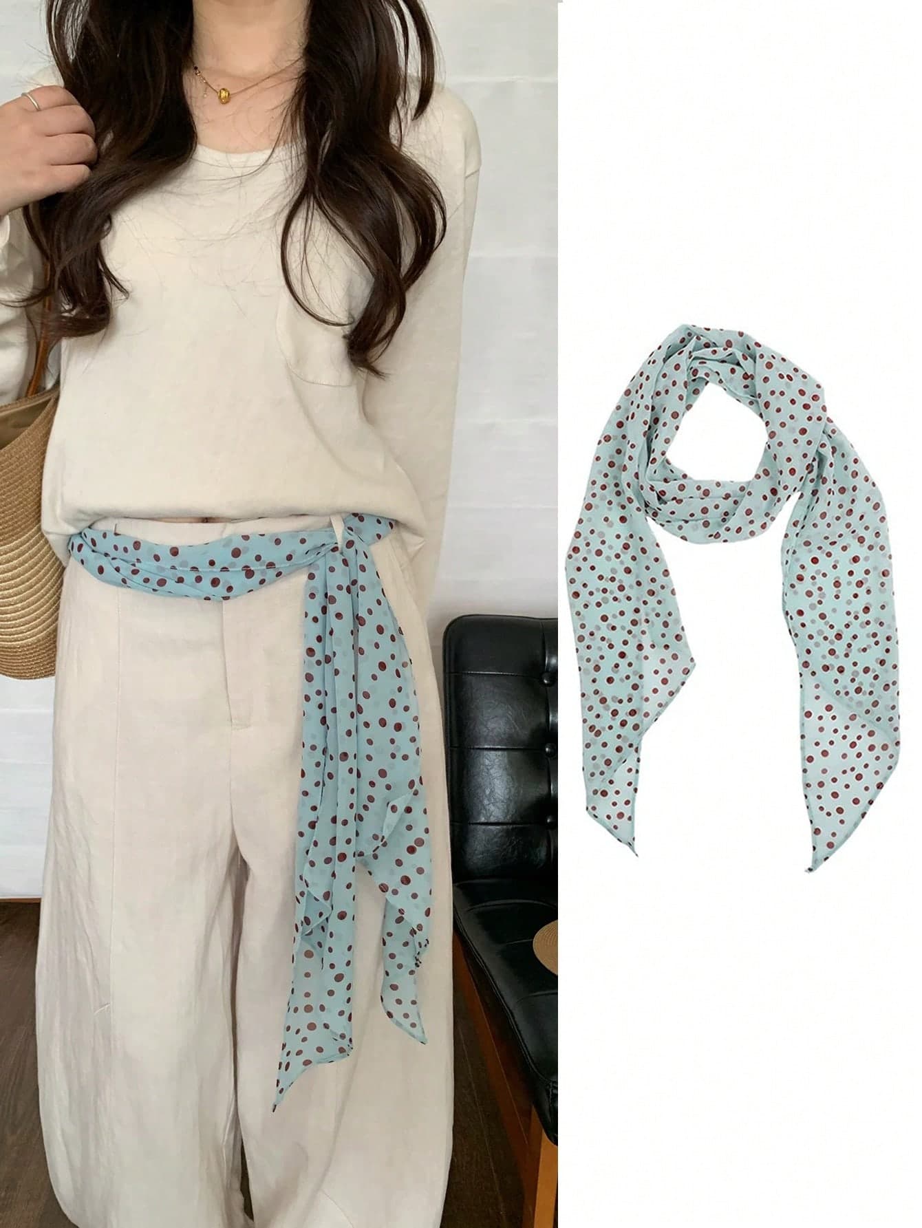 1pc Light Blue Polka Dot Printed Silk Scarf, Multifunctional Silk Ribbon Necktie, 2026 New Fashion Headband, Neck Decor For Women, Suitable For Daily Outfit Matching