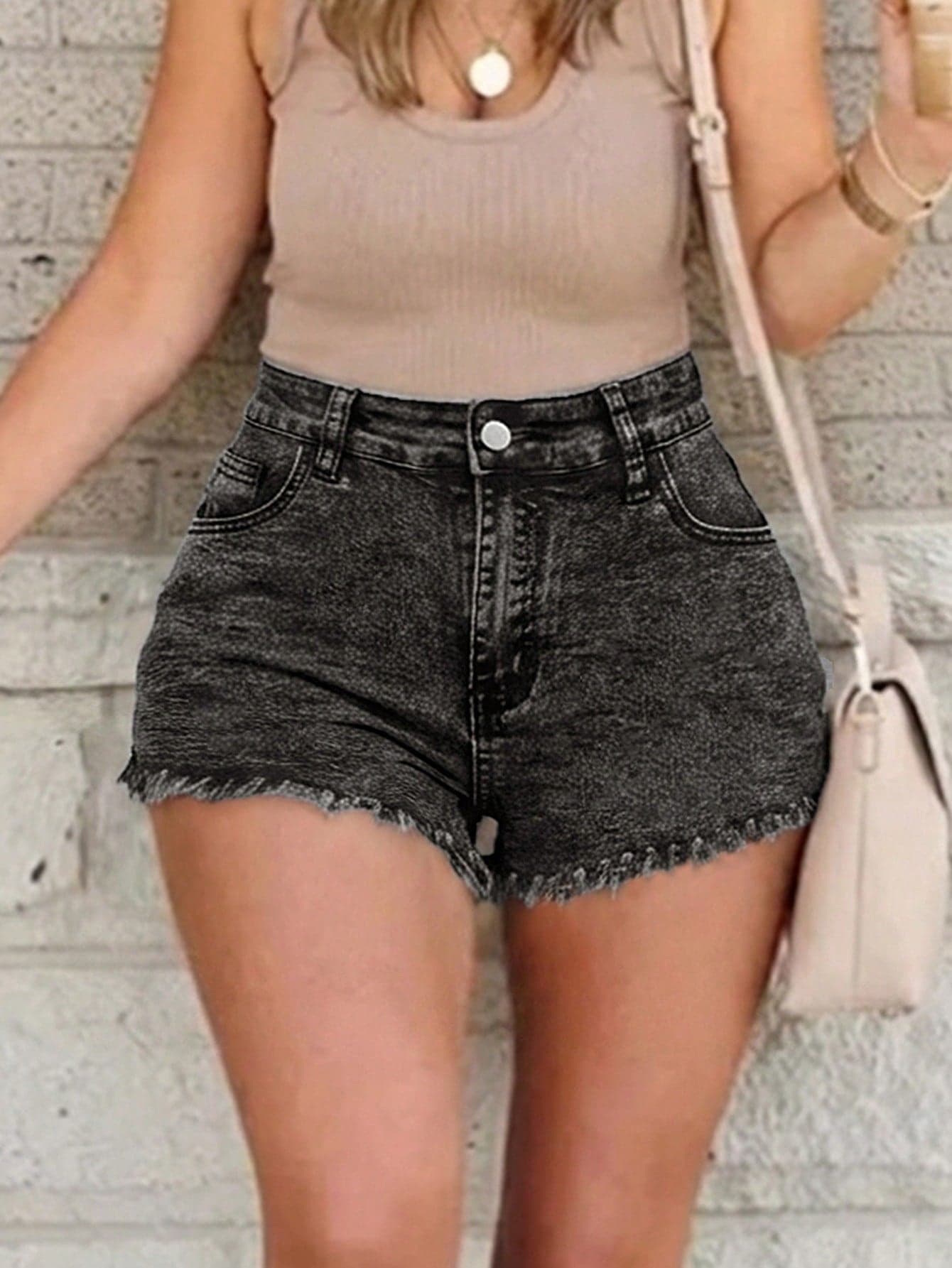 Women's Casual Washed Denim Shorts With Pockets, Straight Leg, Medium Stretch, Cute Party Style Black Summer
