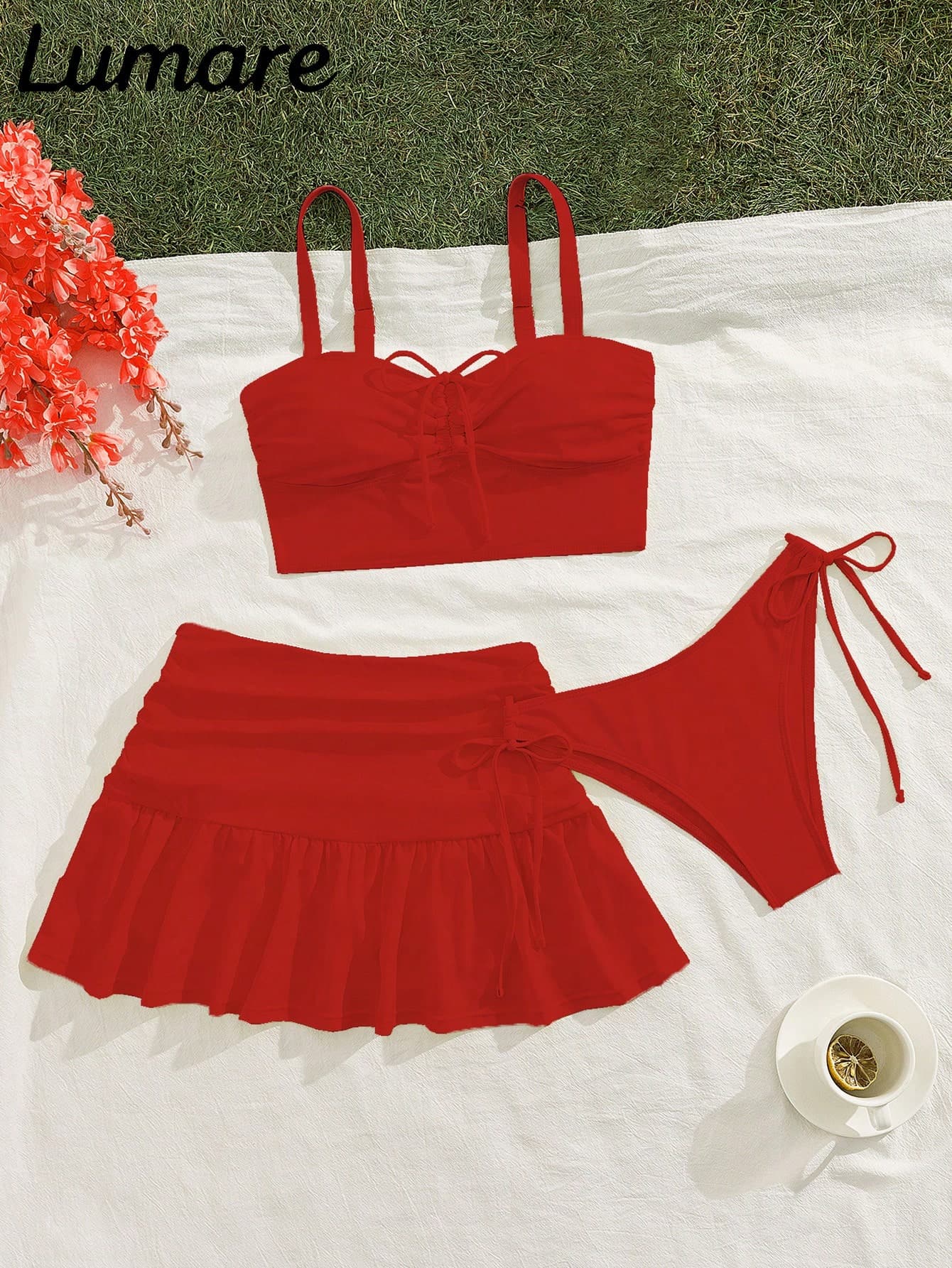 3pcs Women's Solid Color Sexy Casual Sports Strap Top And Drawstring Bikini Bottom, Wavy Edge, Ruffle Pleated Mini Skirt, Medium Stretch Fabric, Holiday Outfit Bikini Set, Suitable For Vacation Beach And Pool Activities, Seaside Beach Party, Summer Sunny Beach