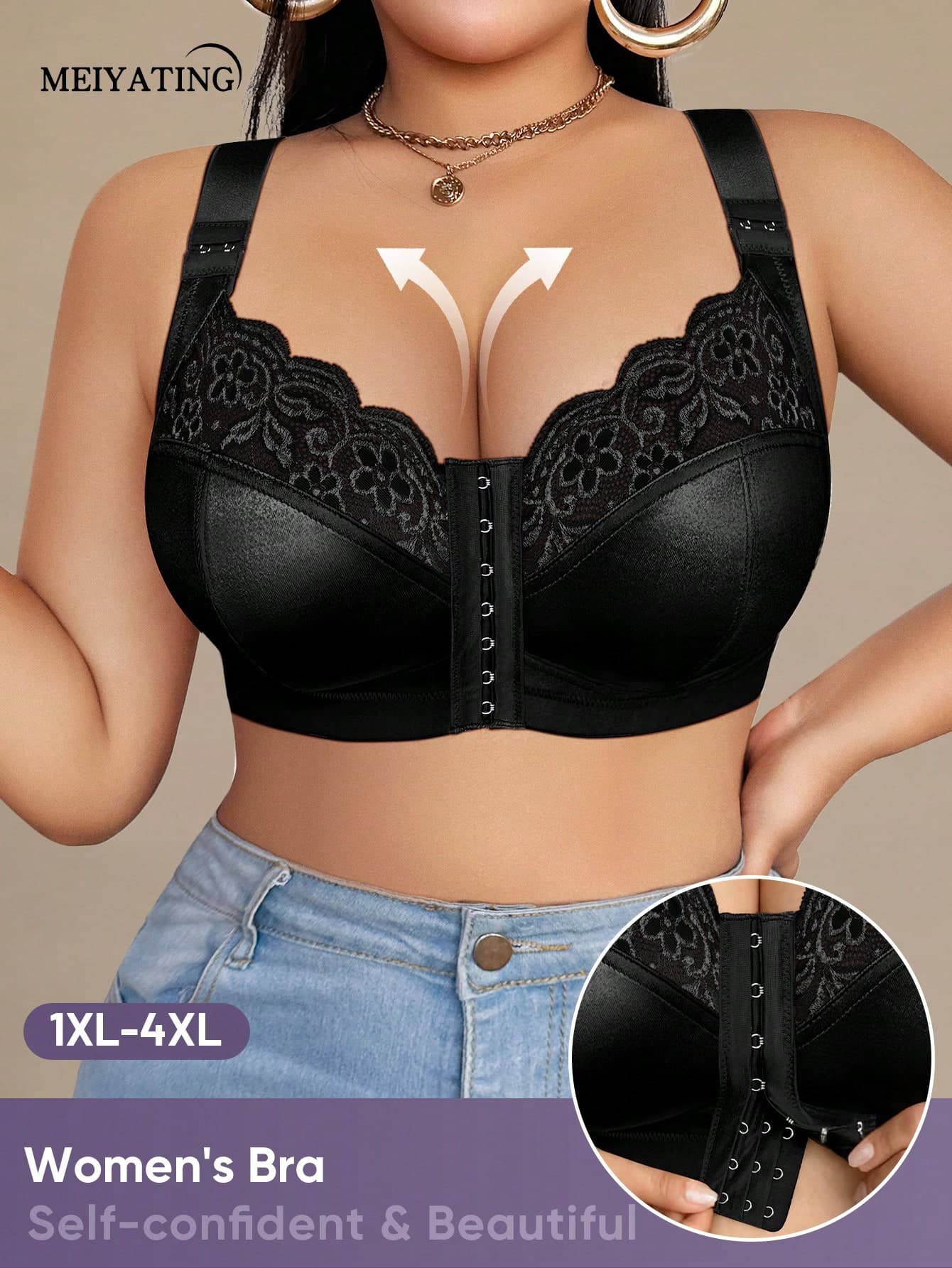 MEIYATING Plus Size Women Lace Wireless Bra, Sexy Lingerie Lift And Gather Bust Support