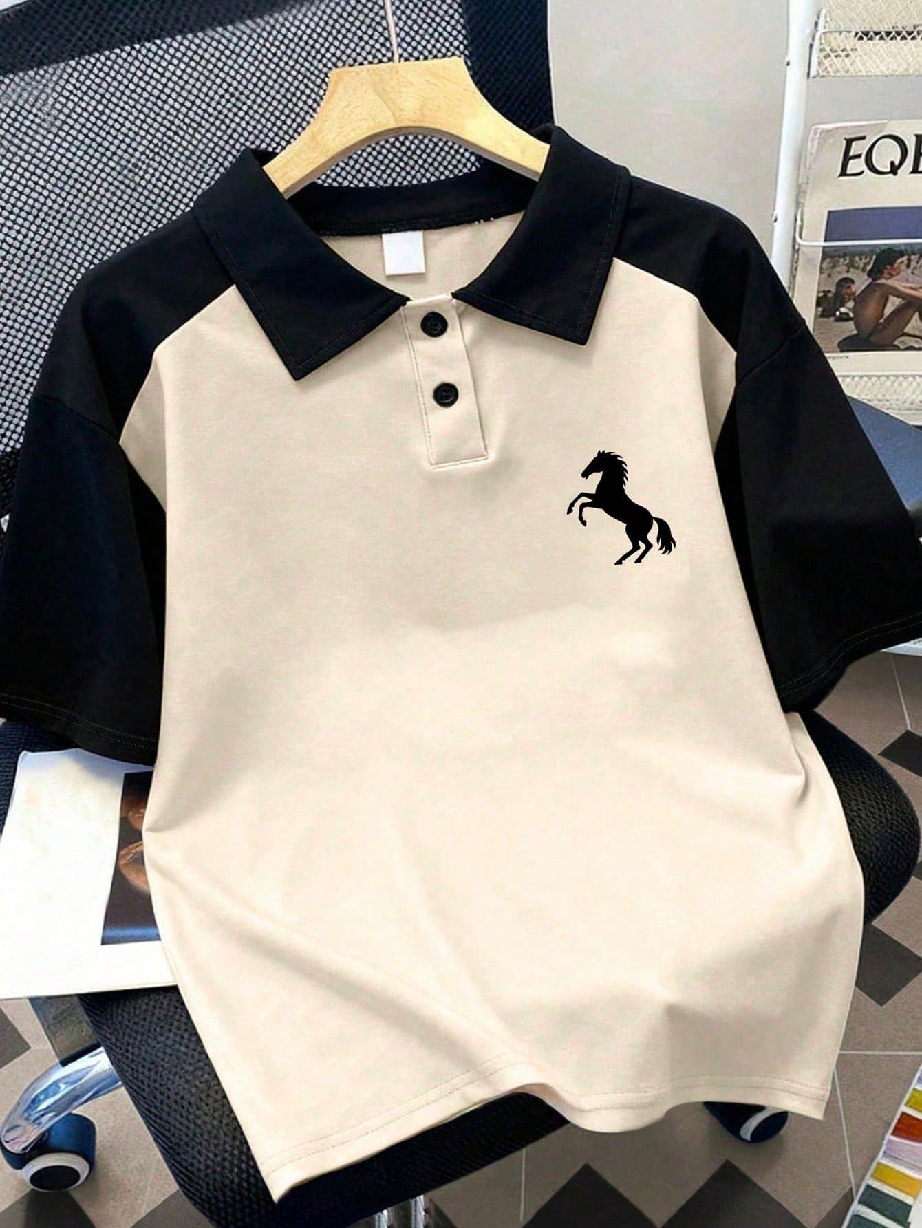 Youth Boys' Short Sleeve Polo Shirt, Horse Silhouette Print, Grey-Black Color Block Raglan Sleeve Design, Polo Collar With Double Button Closure
