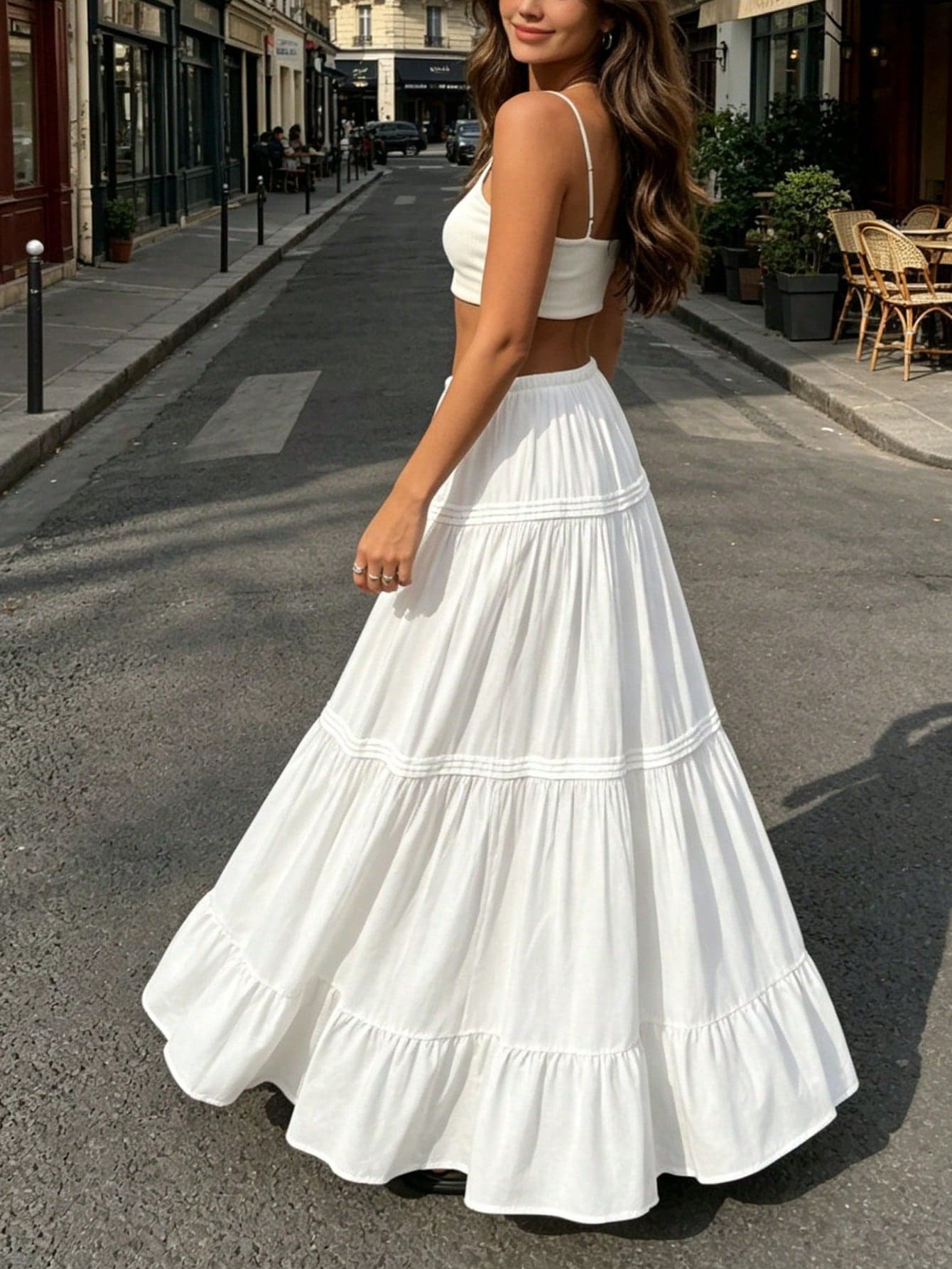Women's Elegant Solid Color Multi-Layer Maxi Skirt, Casual Bohemian Style Ruffle Hem Dress Suitable For Vacation, Street Style, Date, Daily Wear, Summer & Autumn