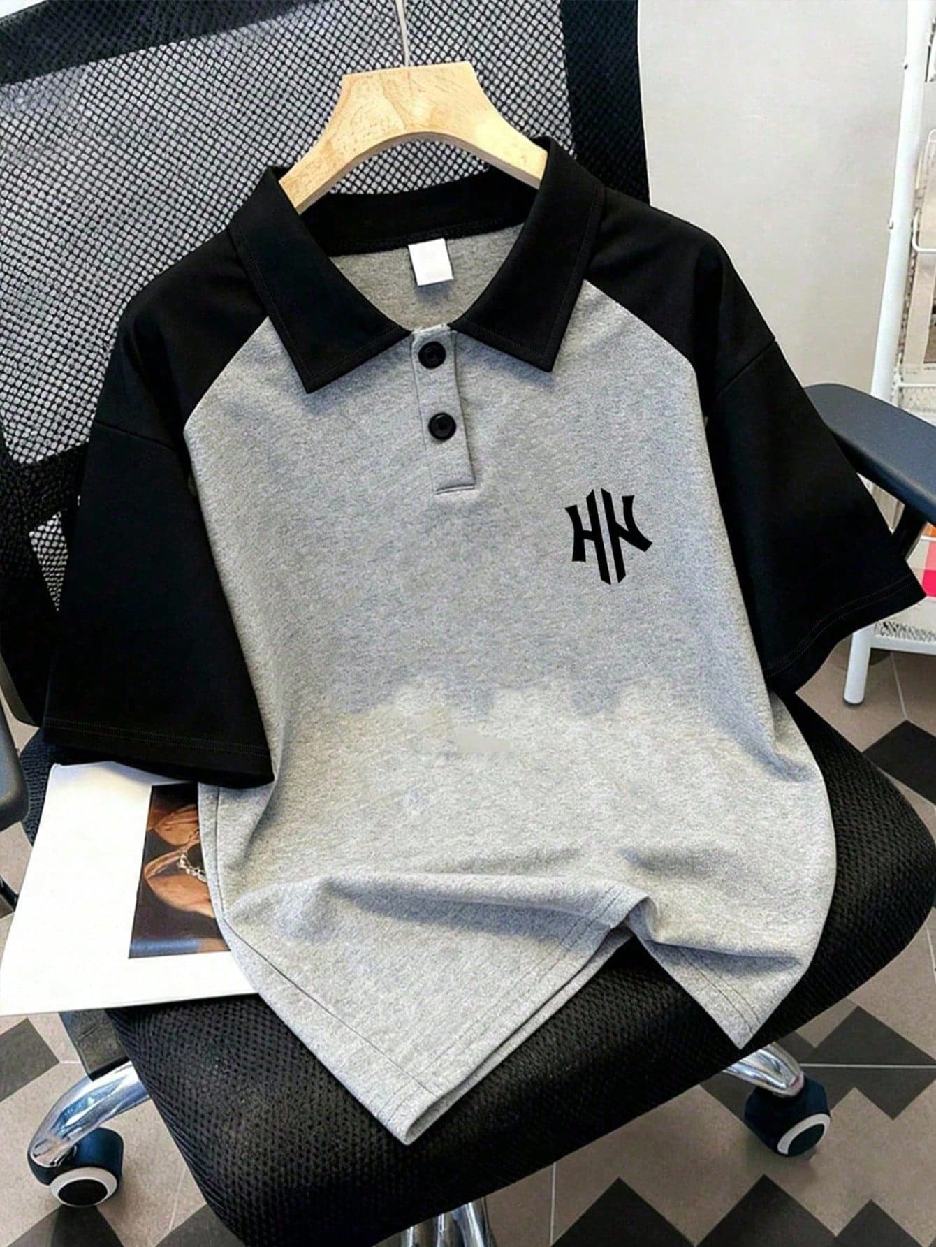 Youth Boys' Short Sleeve Polo Shirt, Graphic Print, Grey & Black Color Block Raglan Sleeve Design, Polo Collar With Double Button Closure
