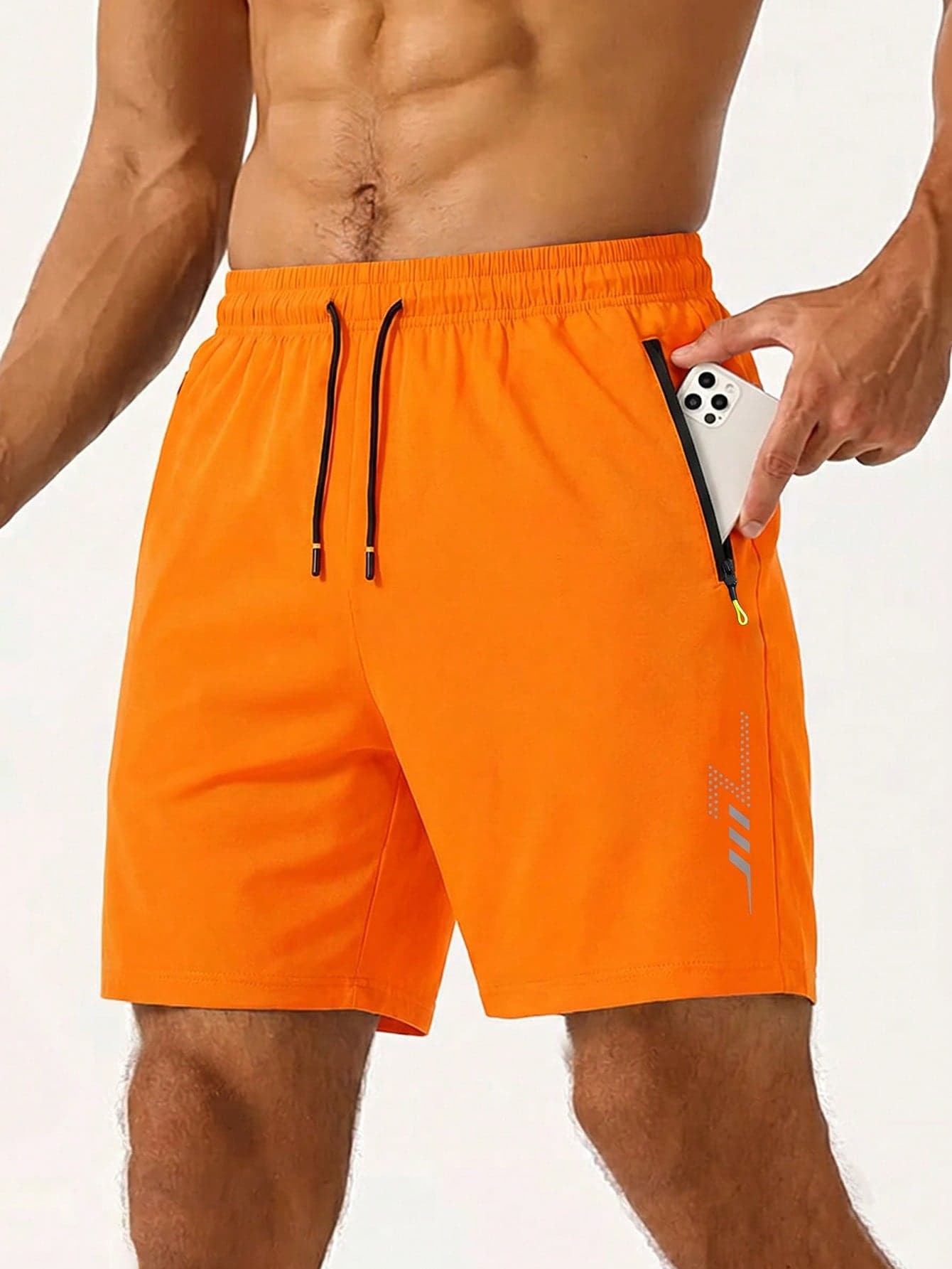 Men's New Summer Thin 5-Inch Loose Fit Sports Shorts With Zipper Pockets, Reflective Print Running Fitness Beach Athletic Shorts