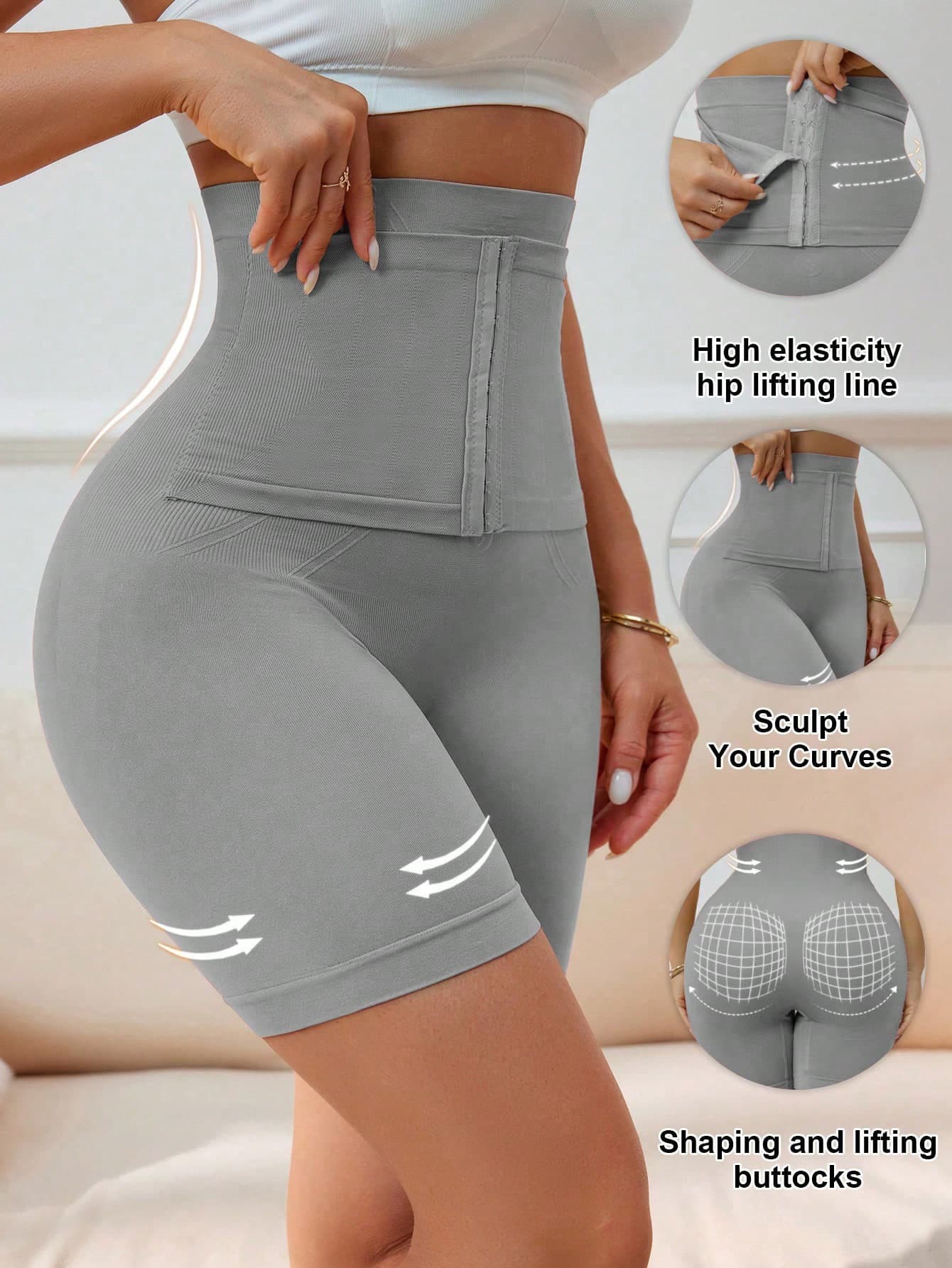 Women's Gray High-Waist Shaping Shorts - High Elasticity, Butt Lifting & Shaping, Tummy Control, Comfortable Stretch Fabric, Invisible Fit For Daily Wear, Confidence Boost