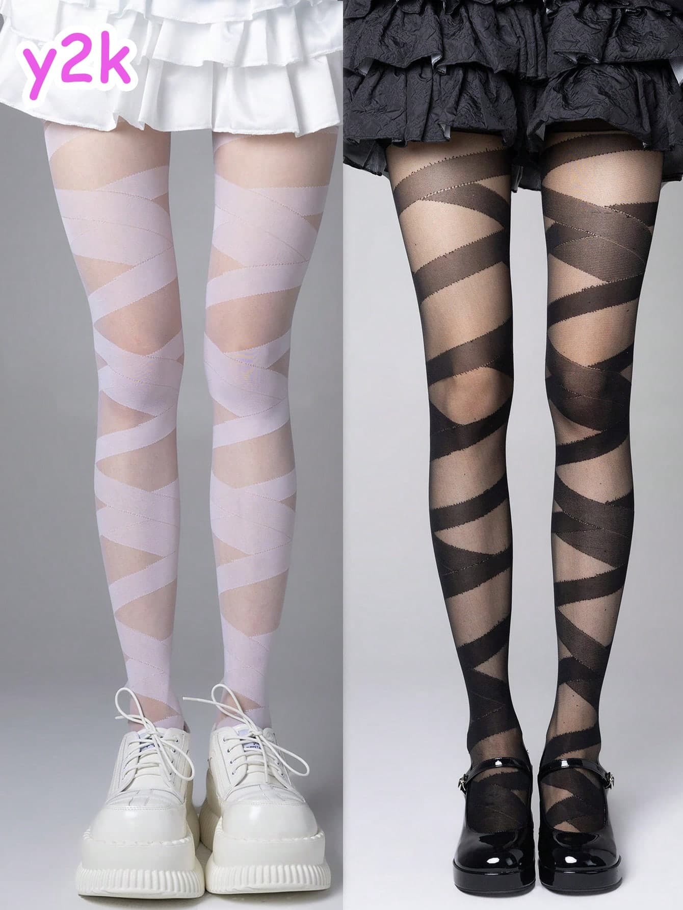STAR RIVER 1 Pair Women's Y2K Gothic Hot Girl Cross Bandage Striped Long Socks - Punk Sexy Elastic Transparent Mesh High Tube Stockings