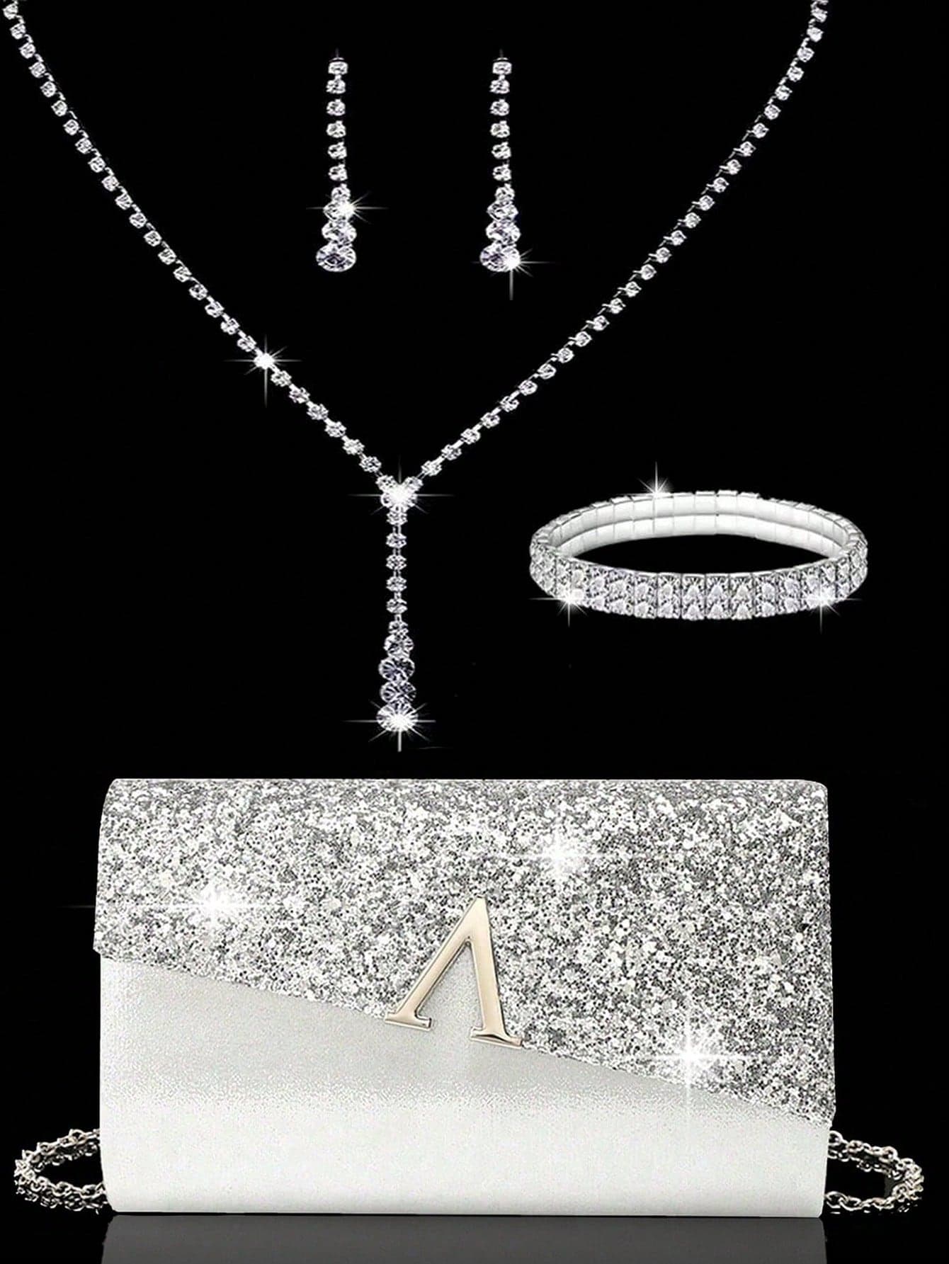 Sparkling Luxury Women's Sequin Clutch, V-Shaped Metal Flap Bag, Letter Fashion Party Bag, Women's Ball Handbag, Women's Wedding Evening Bag, Sparkling Luxury Diamond Jewelry Set, Shiny Necklace, Earrings And Bracelet Set, Suitable For Matching Sparkling Evening Gowns, Wedding Dresses And Party Outfits