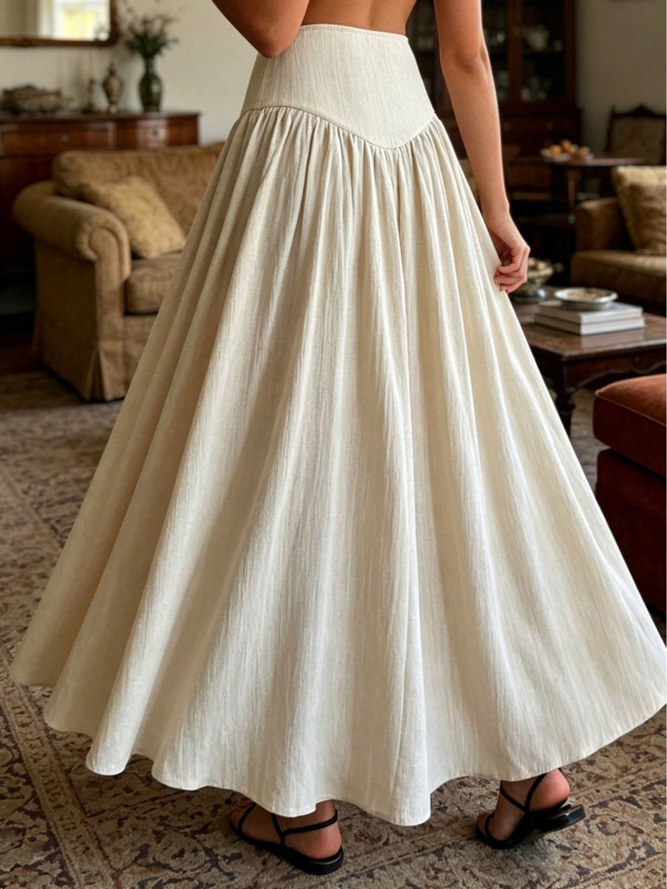 Women's Elegant Solid Color High Waist Flowy Pleated Maxi Dress, Summer Autumn Casual Long Dress, Suitable For Vacation, Daily, Dating