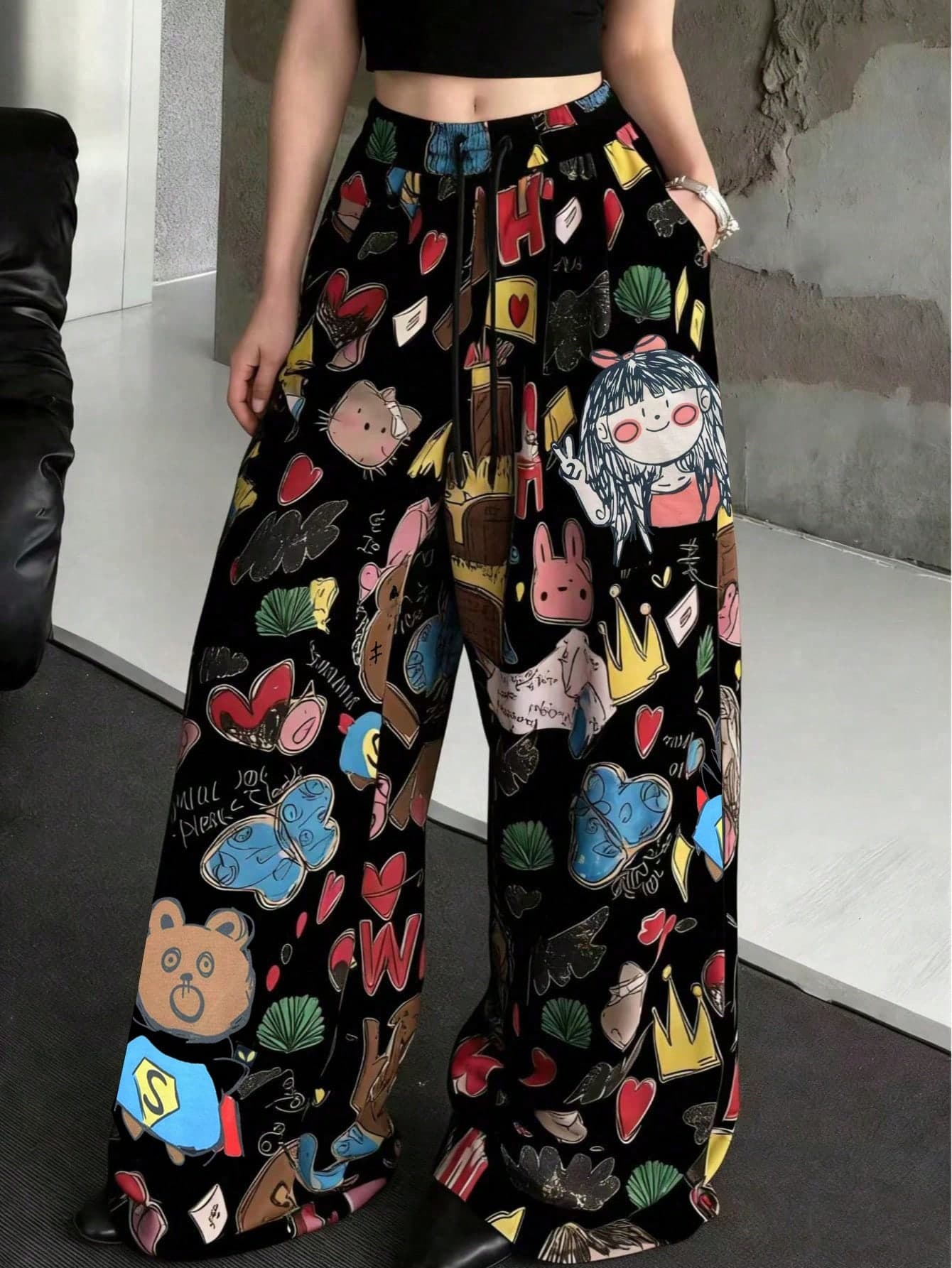 Women's Cartoon Print Wide Leg Pants, Loose Casual Trousers Vacation Spring Black