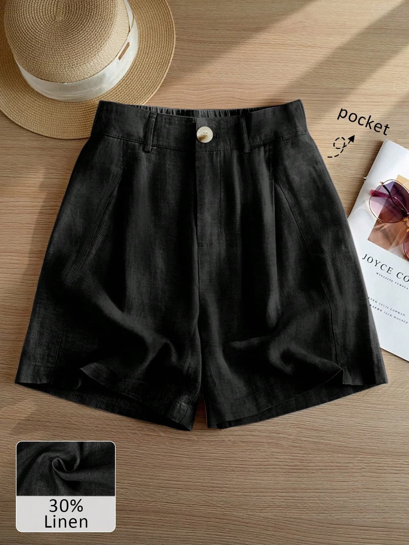 Women's Casual Linen Blend Pleated Design Side Pocket A-Line Shorts, Spring/Summer Black, Vacationcore