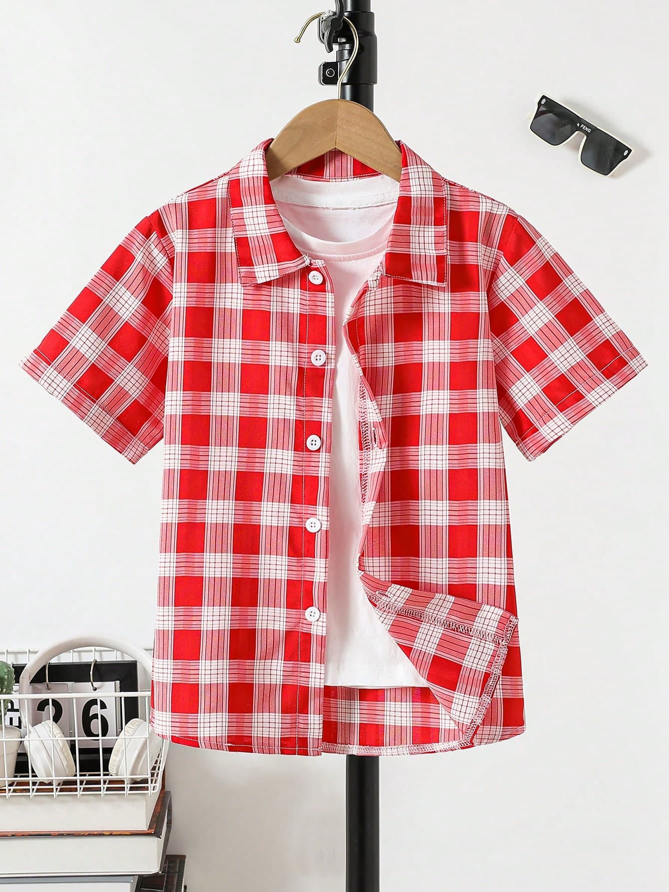 Boy's Casual Plaid Polo Collar Short Sleeve Shirt, Suitable For Daily Wear, Outing, Vacation, Party