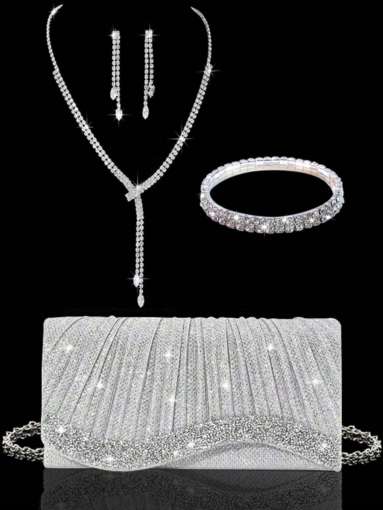 New Crystal Evening Clutch, Sparkling Women's Handbag, Women's Party Bag, Luxury Envelope Bag, Wedding Bride Gift, Comes With Sparkling Rhinestone Jewelry 3 Pieces Set, Perfect Match For Sparkling Evening Gown, Sequin Dress And Party Outfit, Suitable For Party, Evening, Gathering, Ball And Wedding