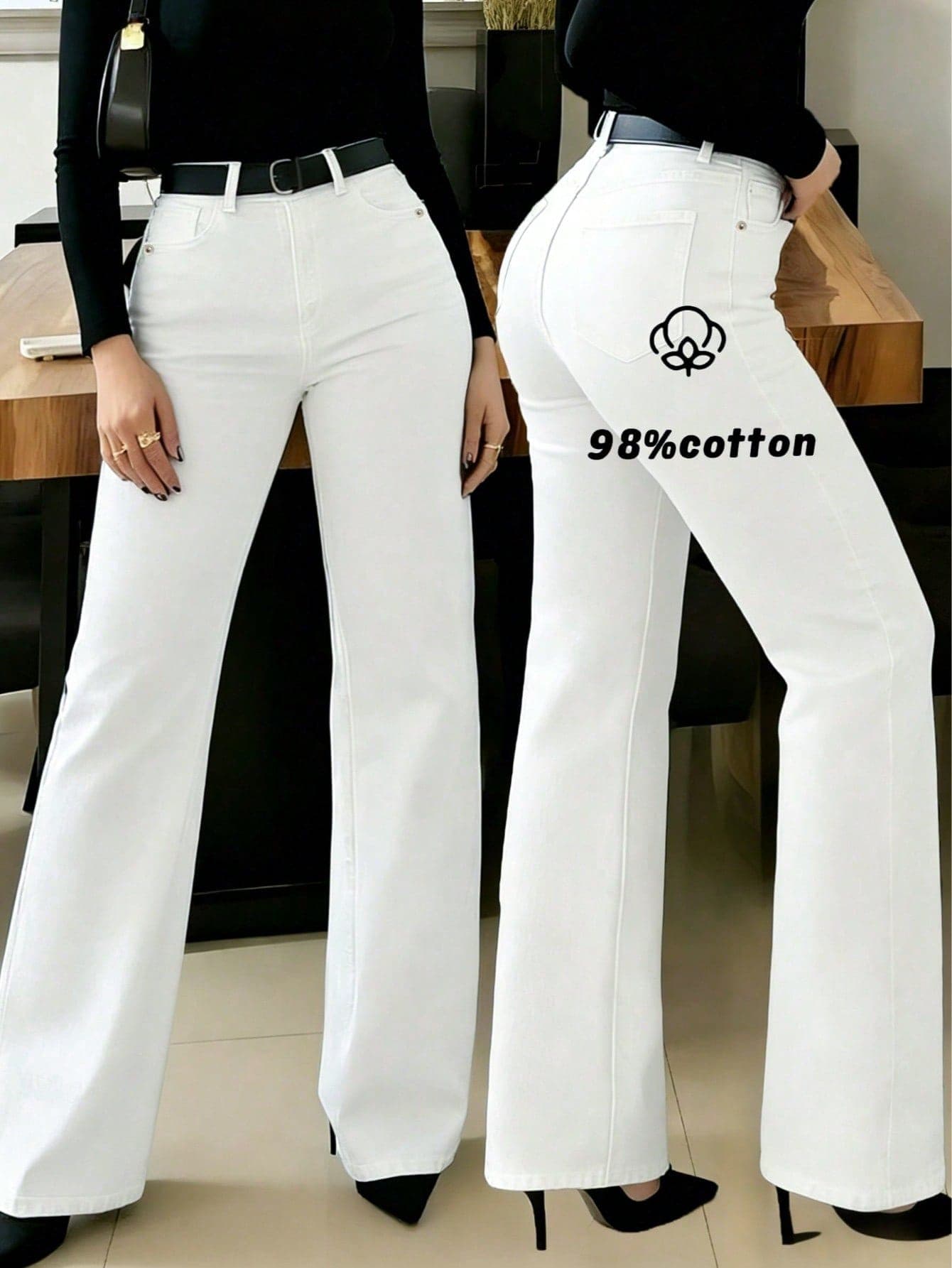 Women's White Casual Elegant Straight Leg Jeans, With Pockets, Buttons, Zippers And Medium Stretch Fabric. Spring, Summer, Autumn Thin