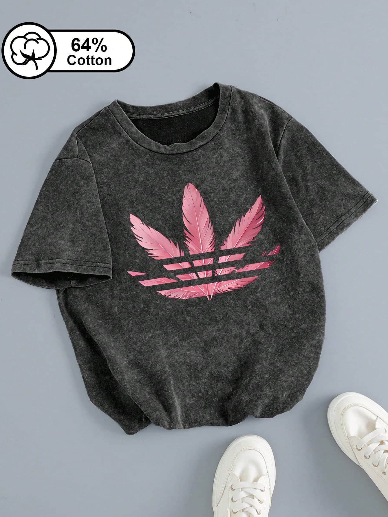 Plus Size Women's Casual T-Shirt Pink Feather Print, Vintage Washed Crew Neck. Ideal For Daily Commuting. Summer Top Graphic Tee. Black