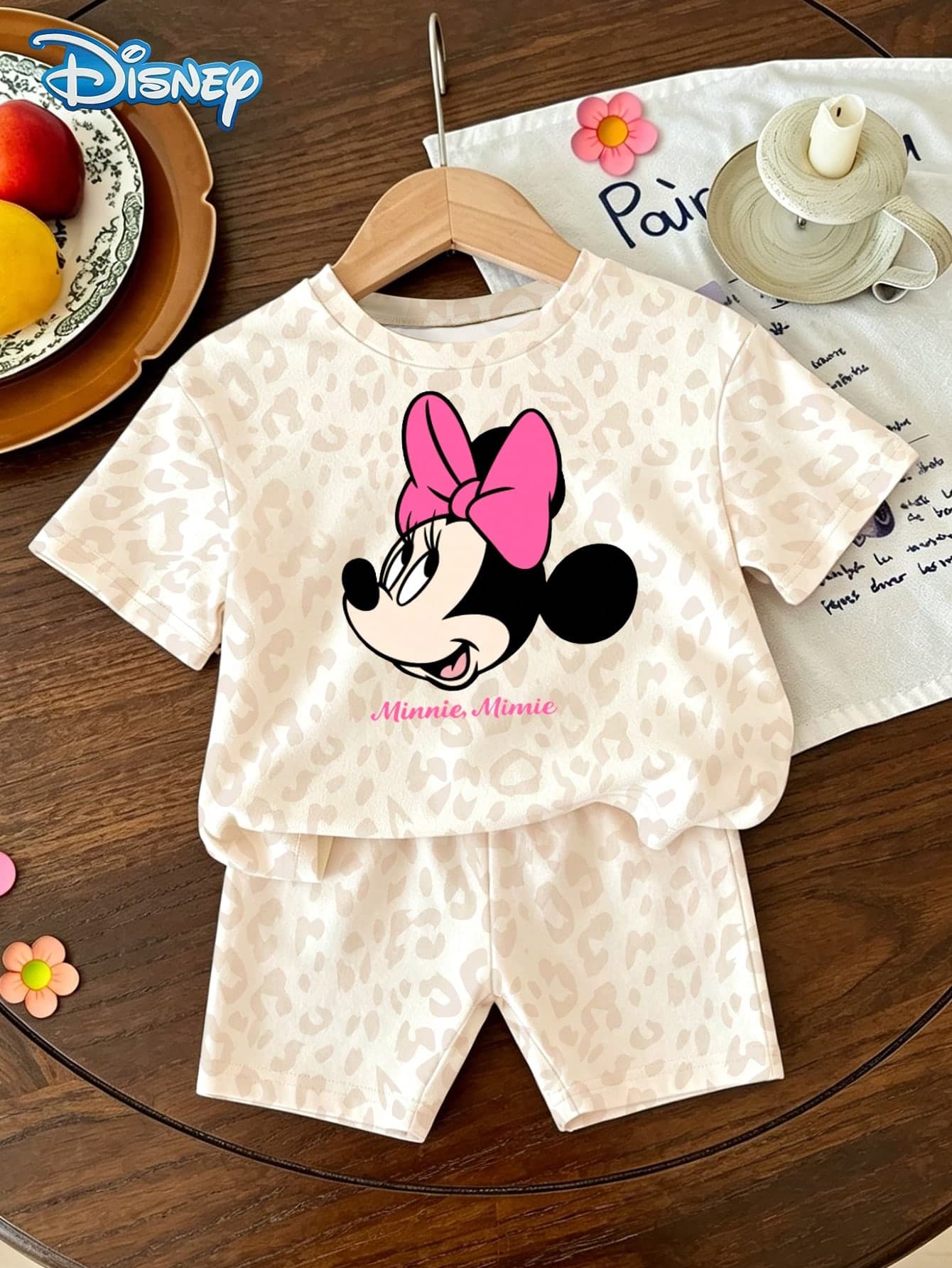Disney Baby Girls' Minnie Mouse Print Short Sleeve T-Shirt And Leopard Print Shorts Set