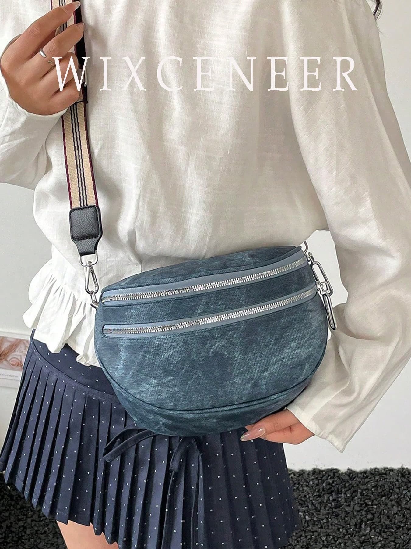 Fashion Double Zipper Waist Bag, Women Faux Leather Crossbody Bag With Wide Strap