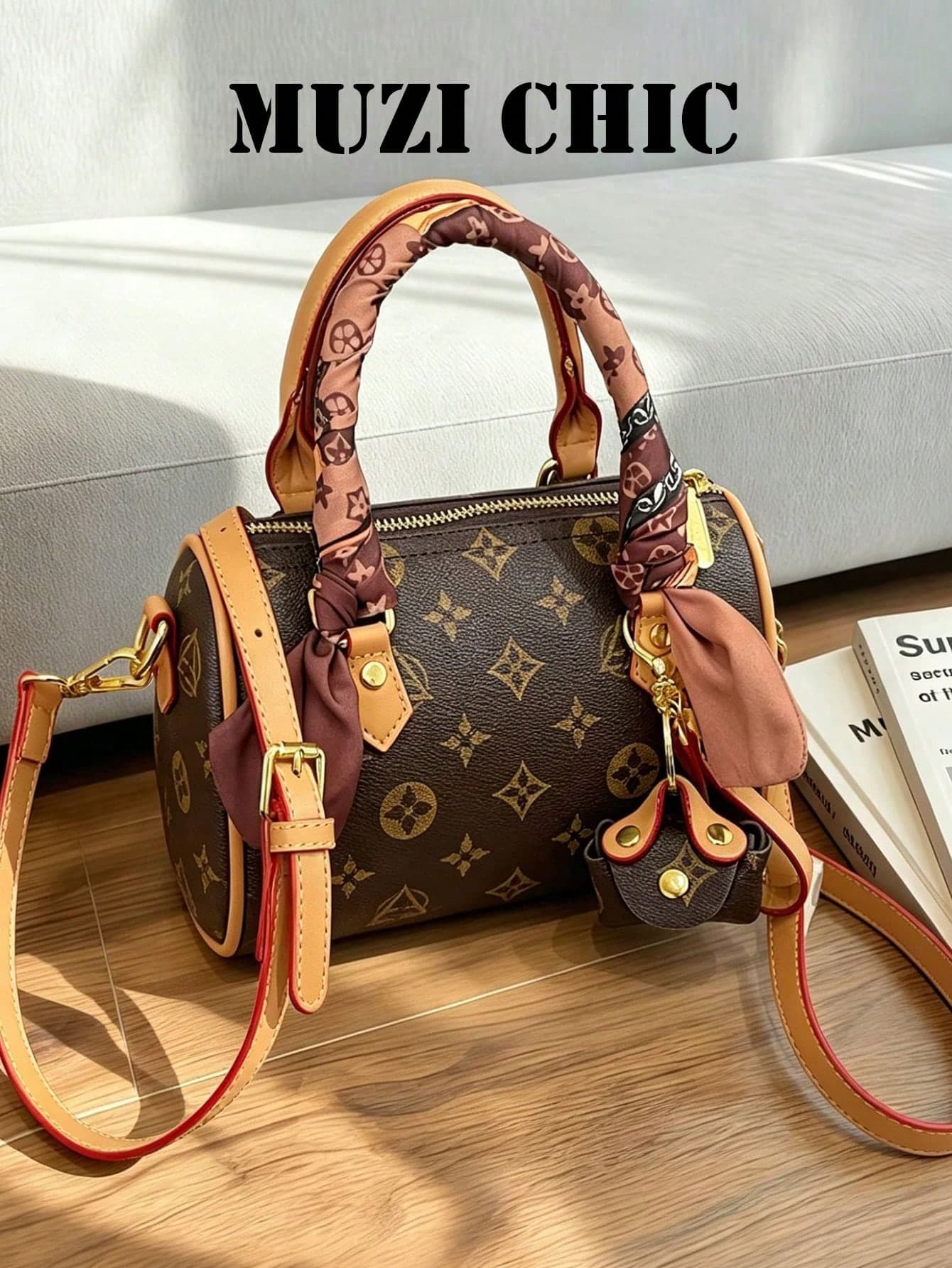 Solid Color Printed PU Leather Handbag With Detachable Crossbody Strap Women's Brown Structured Tote Bag Lightweight Versatile For Daily Use