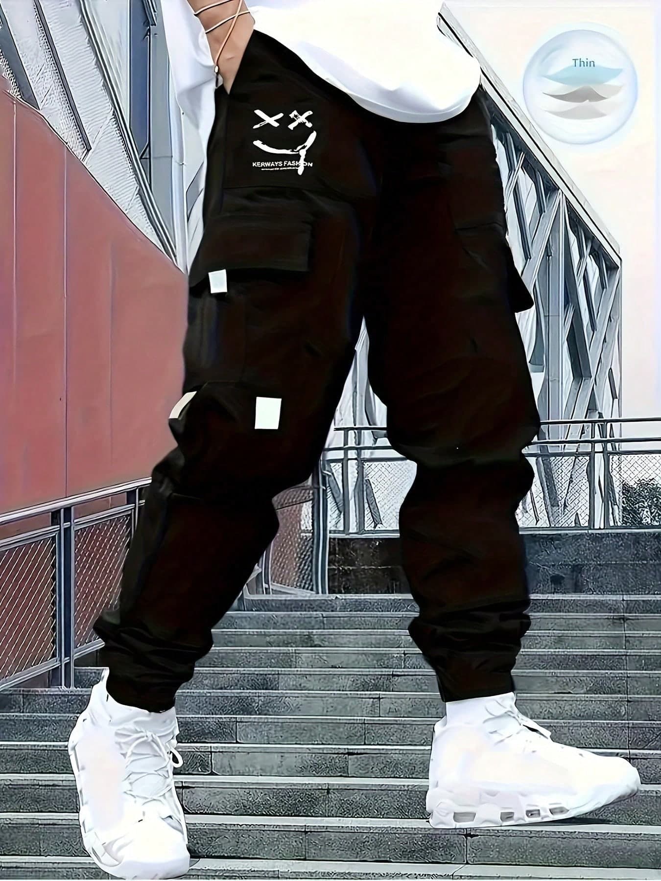 Teens Boys Streetwear Black Cargo Pants,Youth Casual Solid Baggy Wide Leg Pants With Decorative Details,Versatile Summer Fall Autumn Winter Trousers