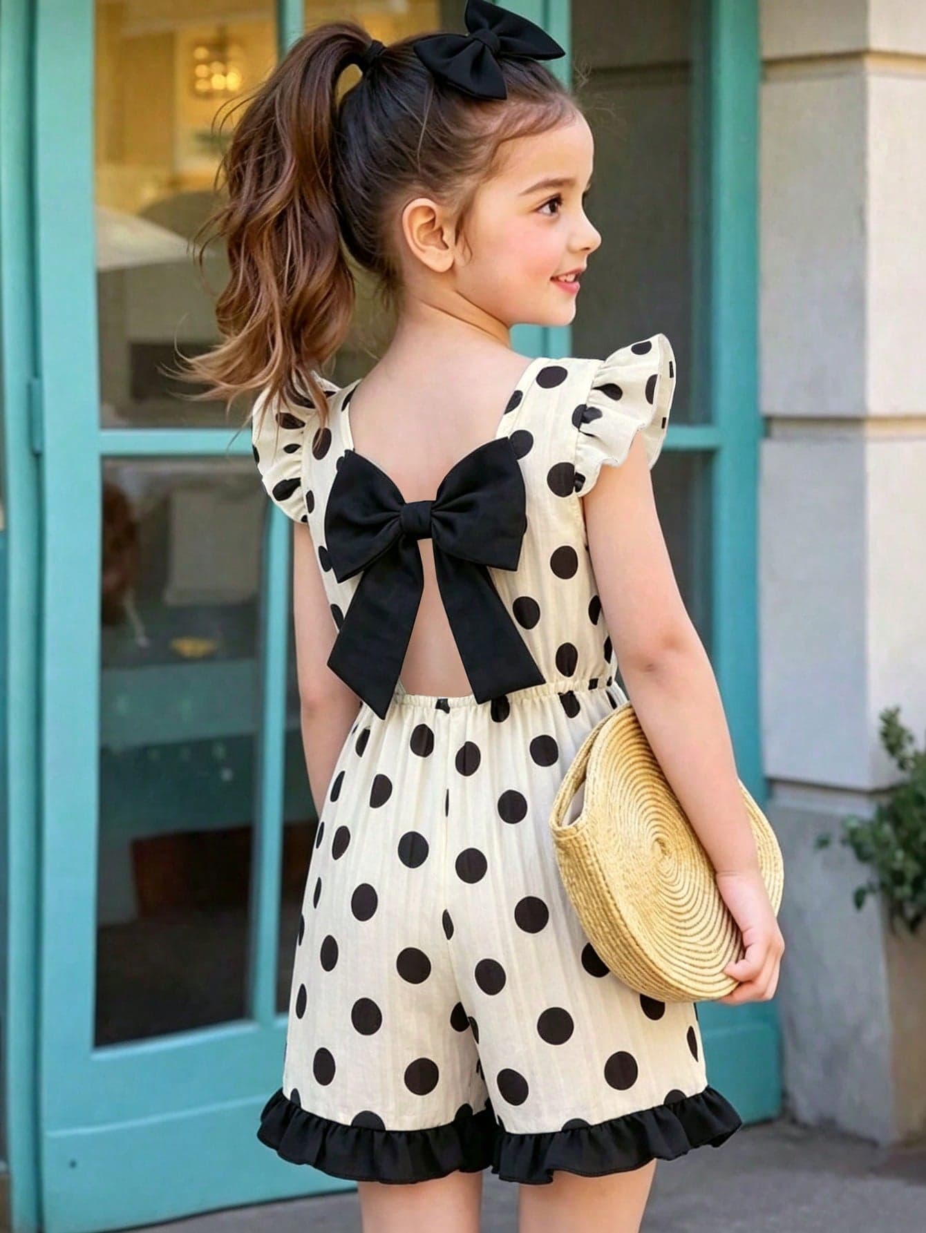 4-7 Years Old Girls' Polka Dot Print Cap Sleeve Romper With Bowknot Back Design, Color Blocking Ruffle Hem, Casual Outfit For Daily, Party, Family Outing