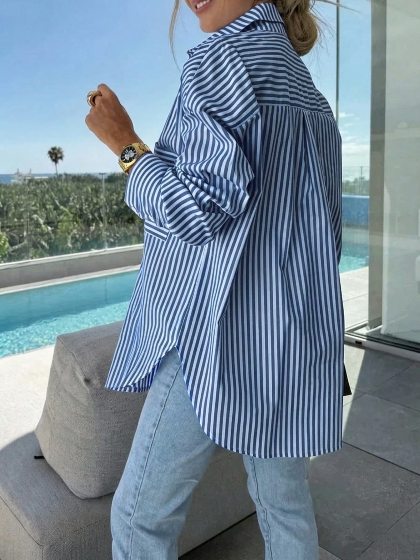 Plus Size Women's Batwing Sleeve Striped Shirt, Casual Loose Fit For Spring/Summer, Suitable For Work And Daily Wear