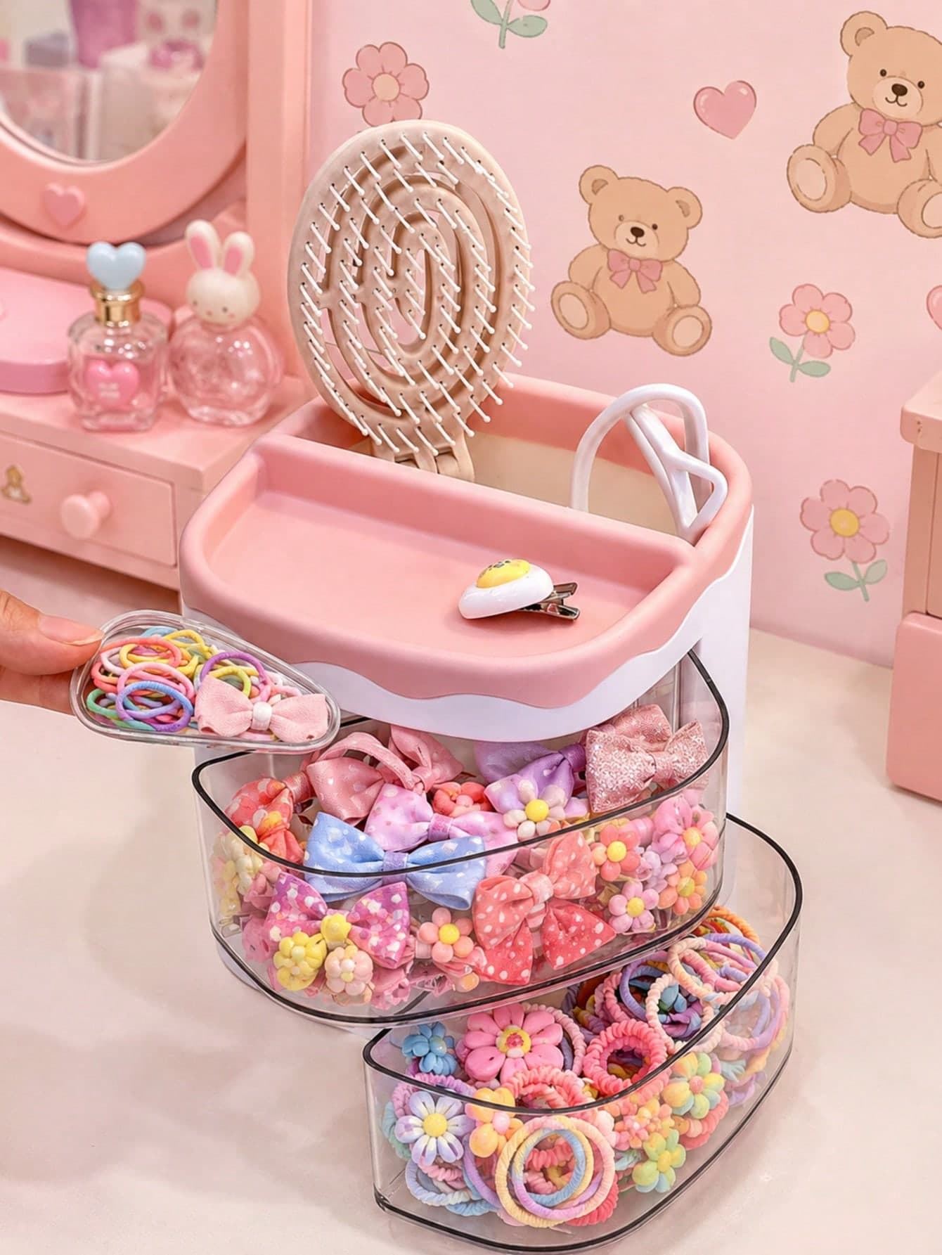 1pc Kids Hair Accessories Storage Box, 2-Layer Rotating Desktop Organizer, Transparent Compartment Organizer For Hair Clips, Hair Ties, Headbands And Jewelry