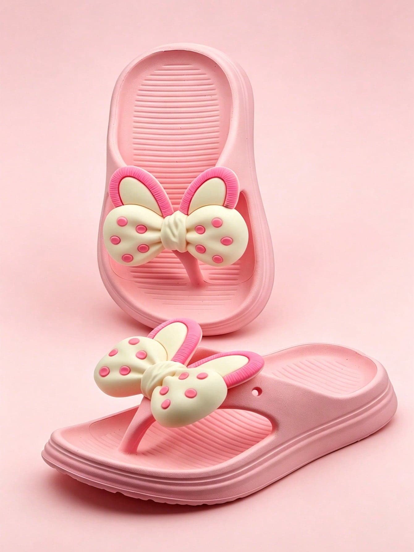 1 Pair Girls' Cute Polka Dot 3D Bow Flip Flops, Comfortable Breathable Thong Sandals, Easy Slip-On, Suitable For Toddlers, Swimming Pool, Daily Wear, Beach, Cherry Blossom Pink