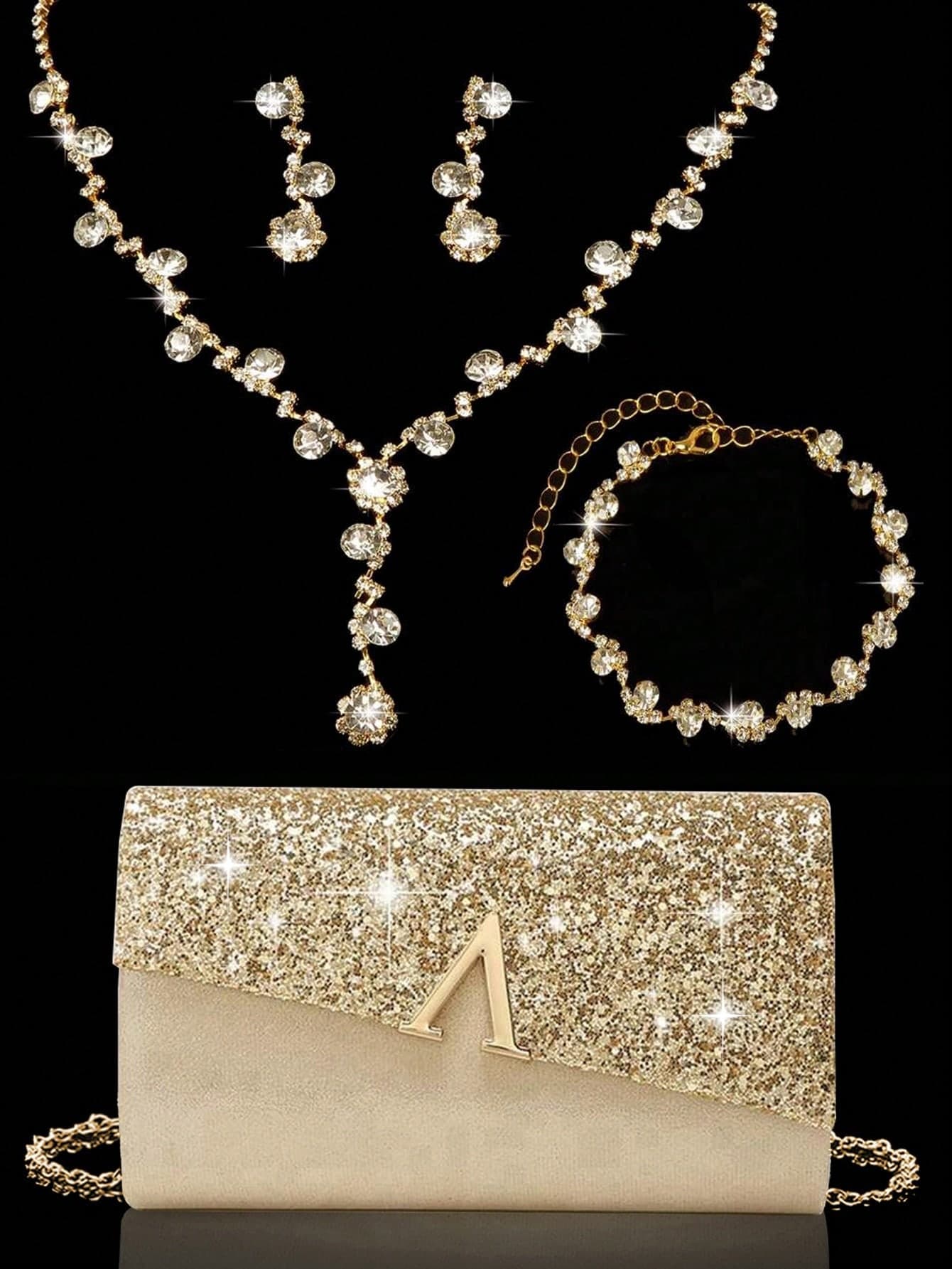 Elegant Evening Clutch, Sparkling A-Shaped Diamond Flap Envelope Clutch, Comes With Sparkling Rhinestone Jewelry 3 Pieces Set, Elegant Evening Clutch, Women's Ball Handbag, Women's Wedding Evening Bag, Party Handbag, Metal Chain Handbag, Wedding Party Handbag, New Cocktail Party Wedding Wallet Evening Clutch
