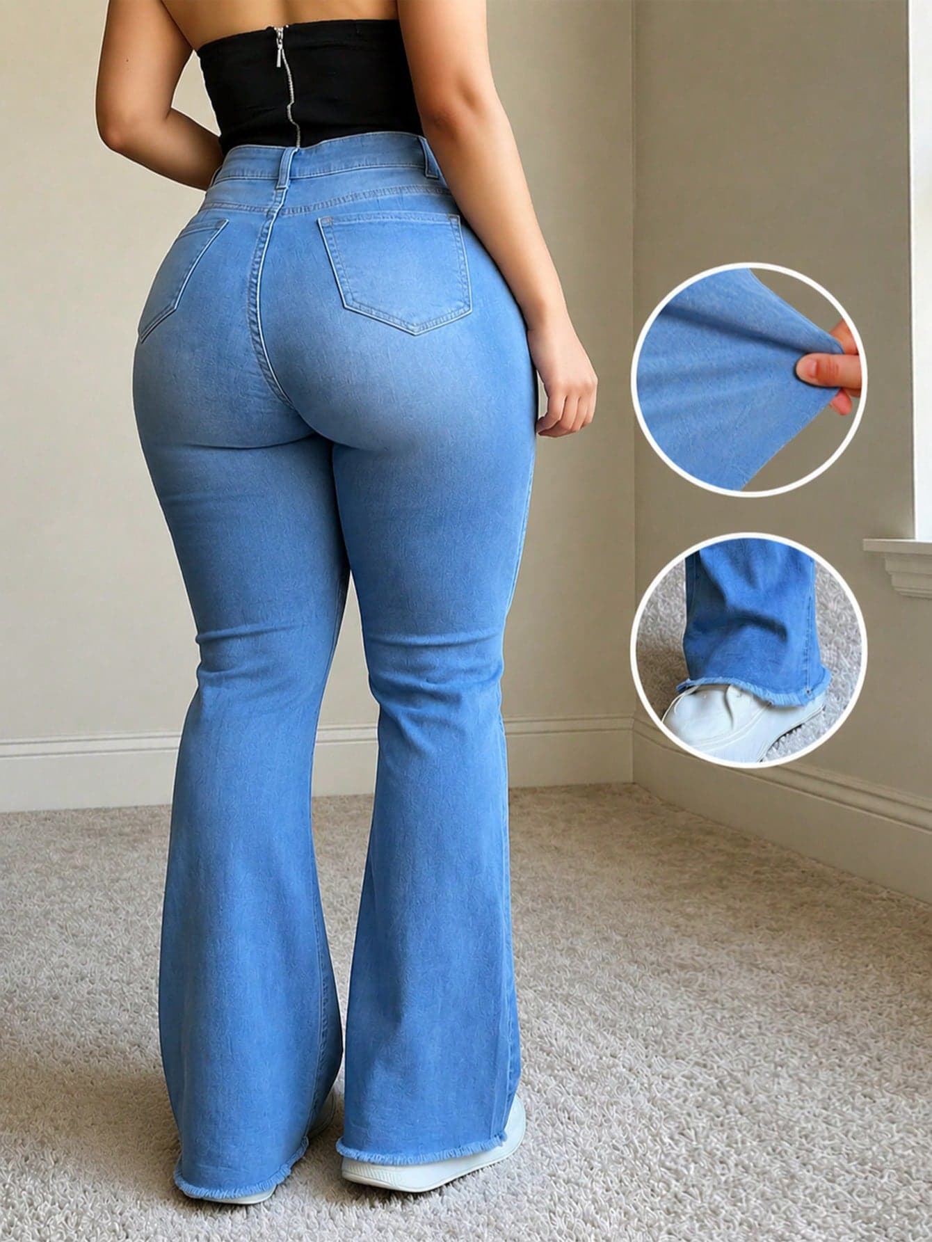 High-Waisted Flare Jeans, High-Stretch Light Blue Denim Pants, Slim Fit Flared Hem Distressed Design, Casual Trousers Suitable For Curvy Figures