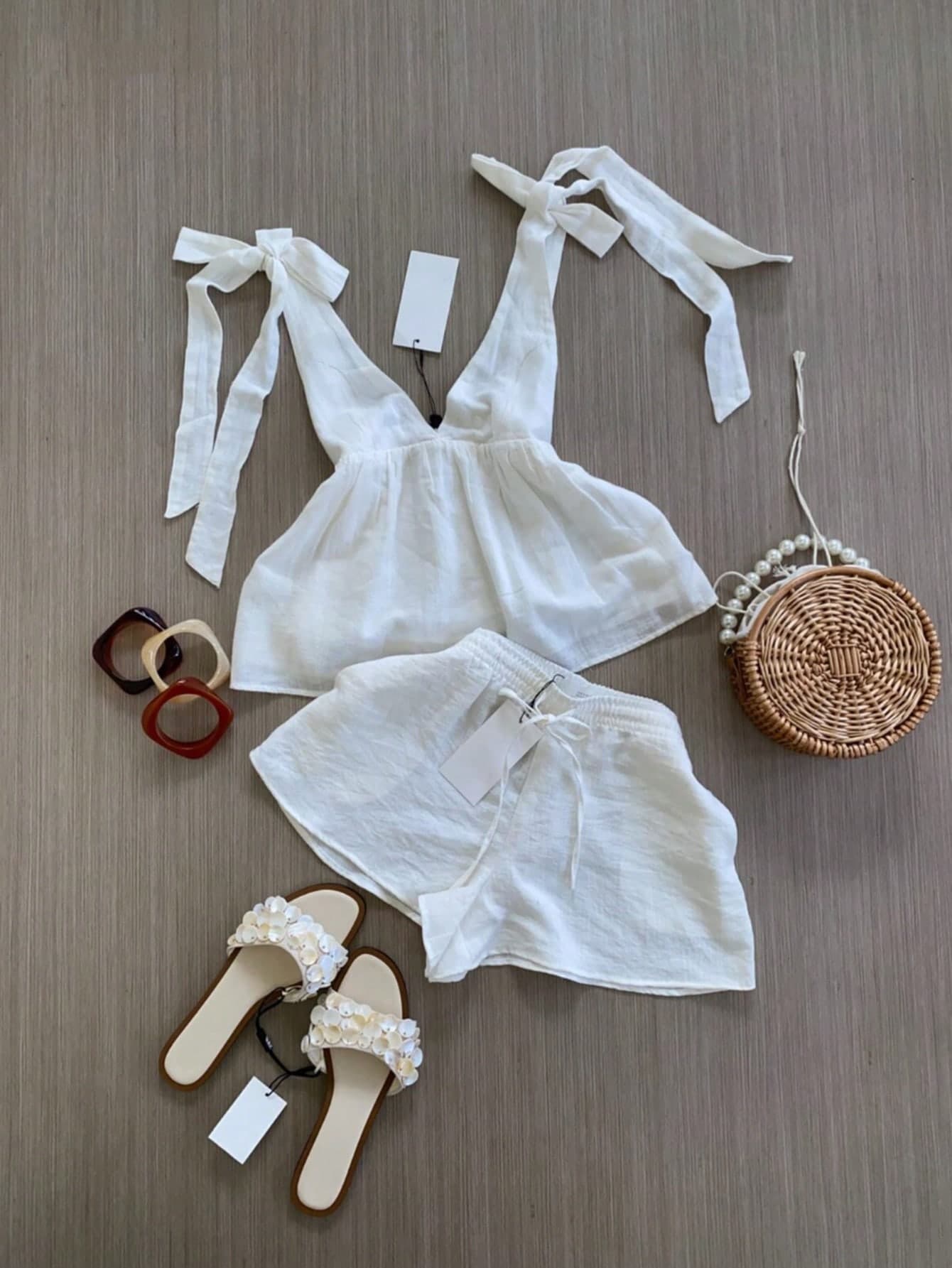 Spring/Summer Women's Fashion Set, Fashionable Sleeveless Top With Elegant Tie Design And Shorts Set, Ideal For Wedding Parties And Events. One-Piece Fashionable And Elegant Commuter Outfit, Camisole And Shorts Set, Suitable For Casual Daily And Holiday Wear. White