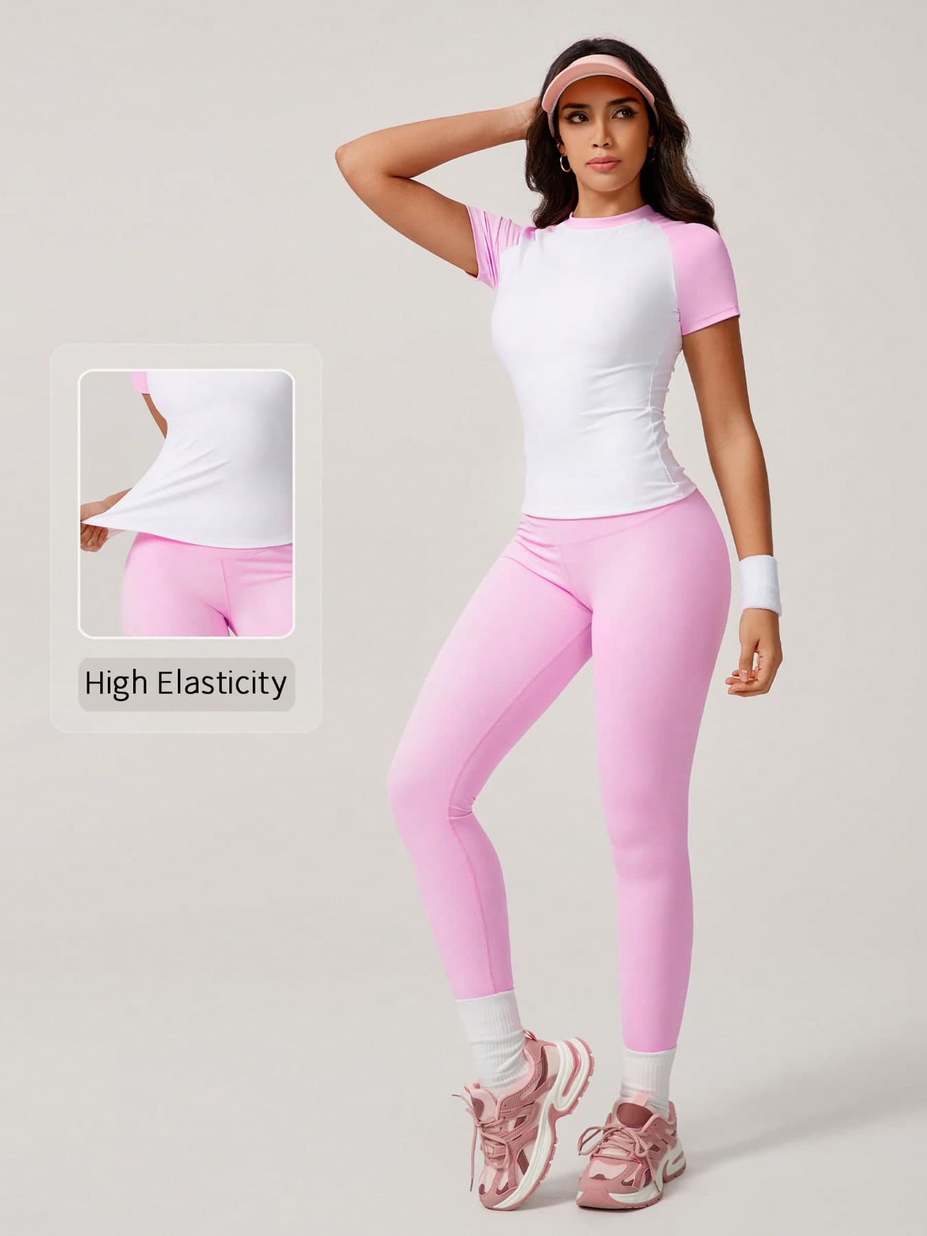 NcmRyu Women's Color Block Elastic Crew Neck Short Sleeve Top And Pants Sports Suit, 1 Set