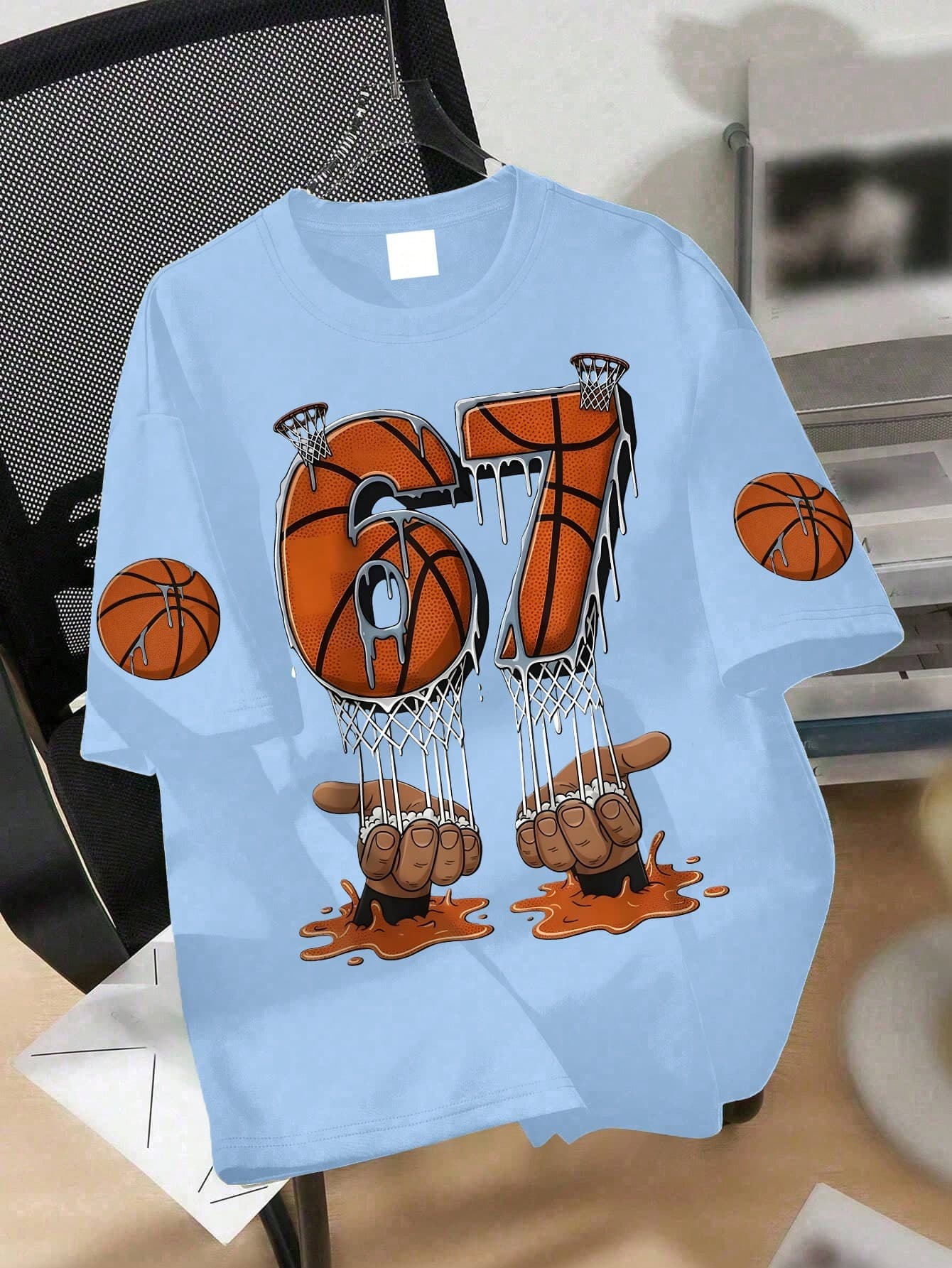Teens/Youth Boys' Loose Fit 67 Basketball Print Short Sleeve T-Shirt, Suitable For Hangout With Friends, Weekend Casual, Street Style