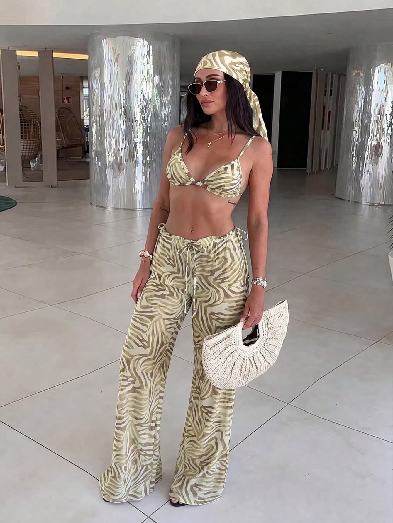 Women's New Sexy Zebra Print Bikini Set With Coverup And Flare Pants, Suitable For Dates And Parties, Spring/Summer Vacation Beach