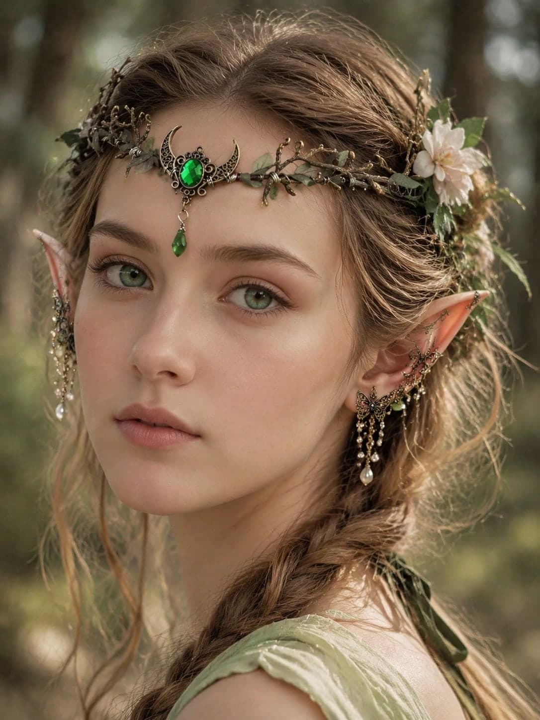 Halloween Elf Goddess Headpiece, Elegant Forest Style Green Gemstone Crown, Forest Elf Theme Party Accessory, Cosplay Headpiece