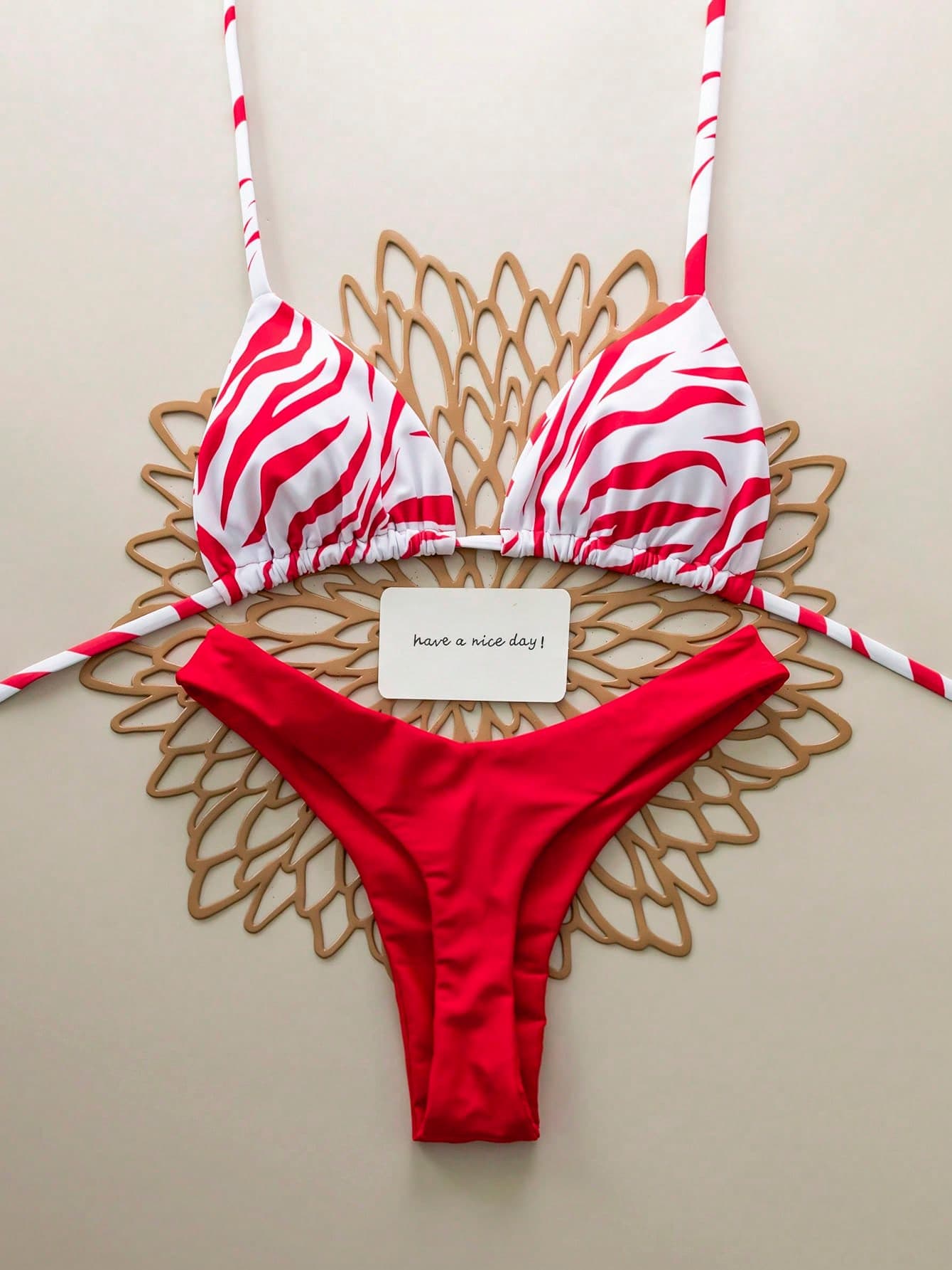 2pcs Zebra Print Solid Color Sexy Backless Women Swimwear Bikini, Suitable For Beach, Resort, Stage And Concert In Summer Vacation Red