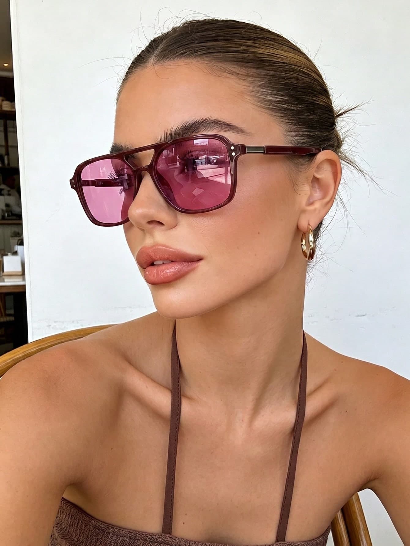 Women's Retro Wine Red Aviator Sunglasses, Classic Fashion Glasses, UV Protection, Essential For Summer Vacation, Beach Travel, Vintage Daily Wear, Y2K Aesthetic