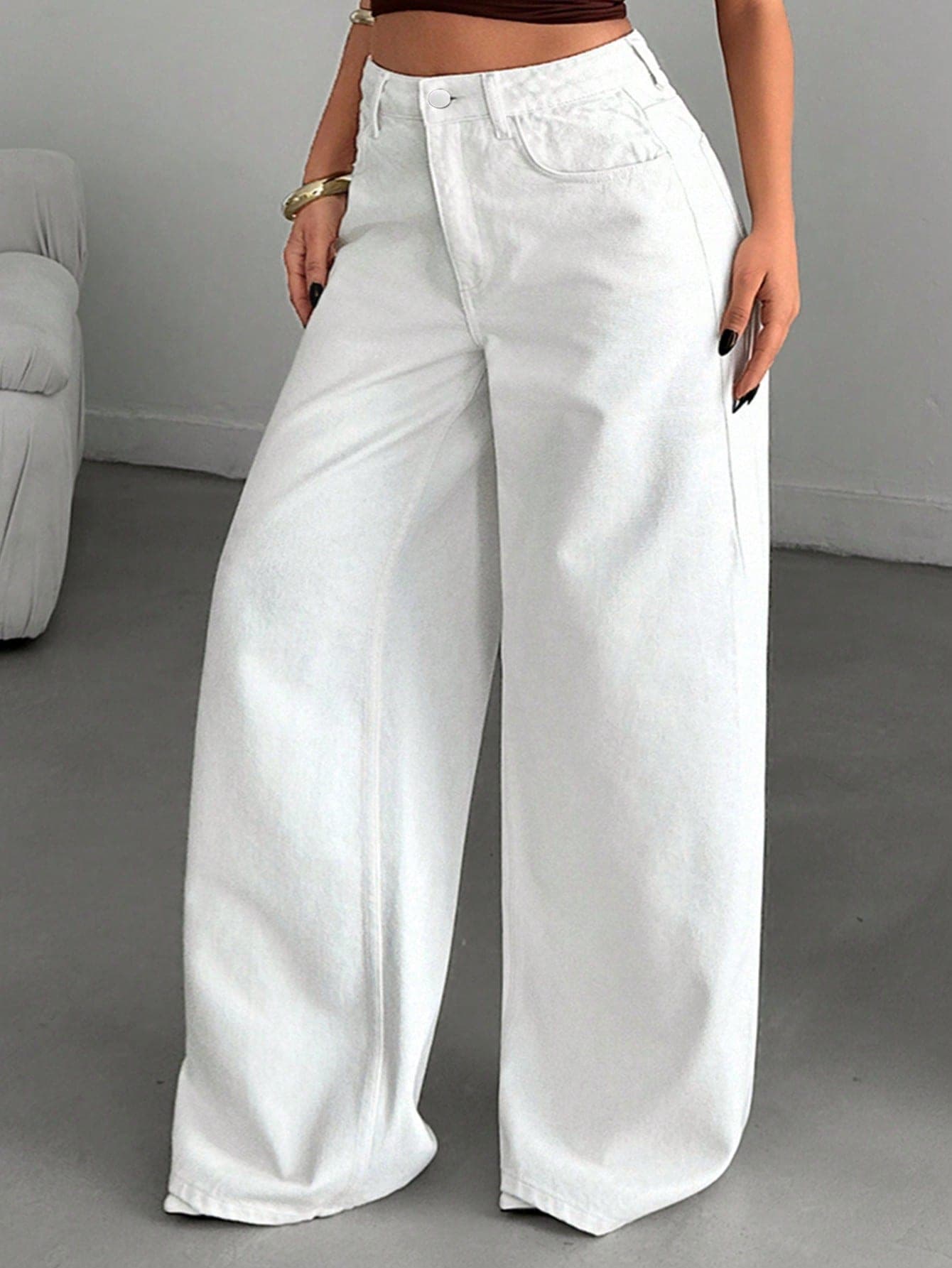 Plus Size Vintage High Waist Wide Leg Cotton Denim Jeans, Multifunctional Long White Pants. Suitable For Spring/Summer, Office, Date And Casual Wear