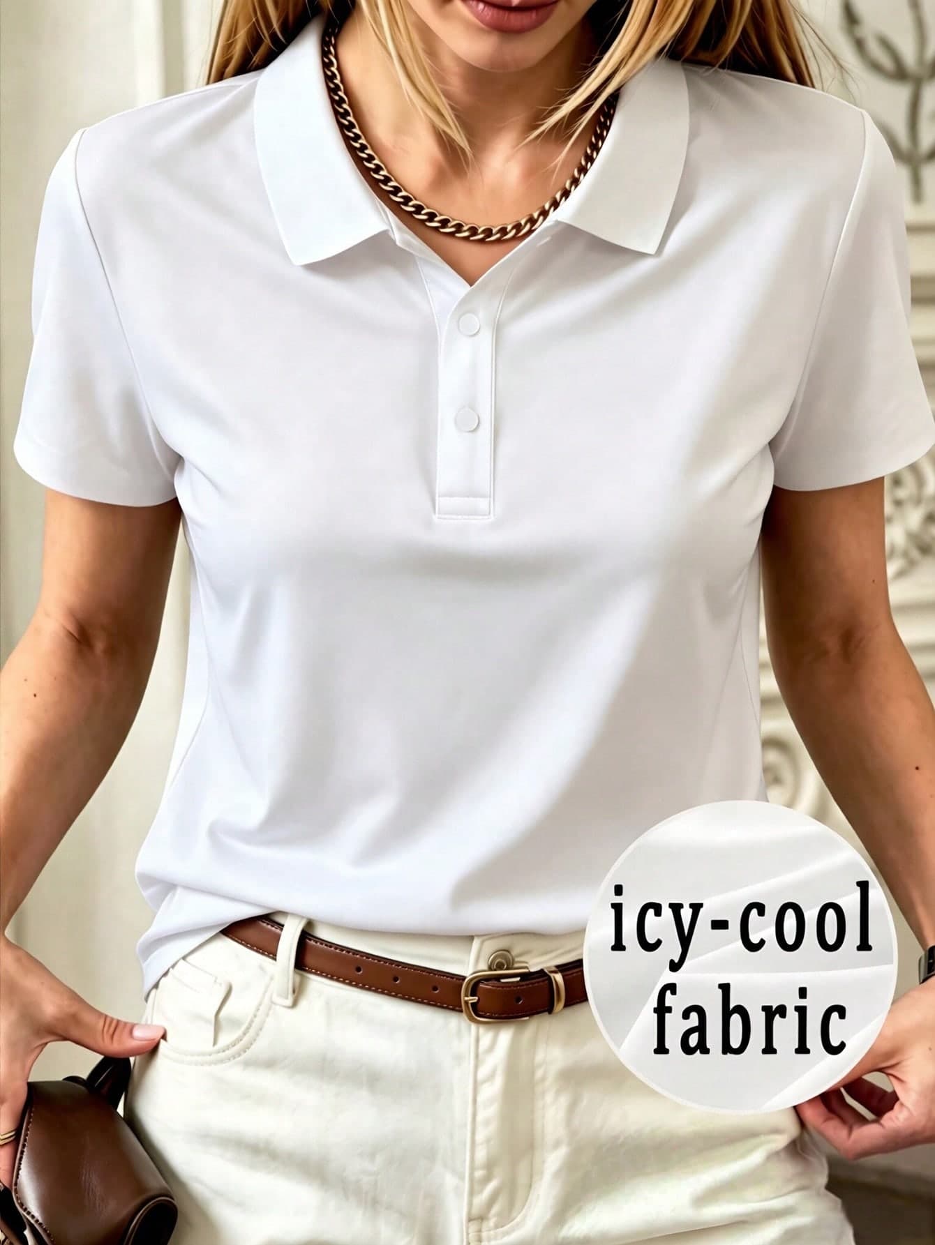 Women's Polo Shirt, Summer Fashion Solid Color Lightweight Breathable Polo Collar Short Sleeve T-Shirt, Regular Fit, Slightly Stretchy, Comfortable For Daily Wear Casual White