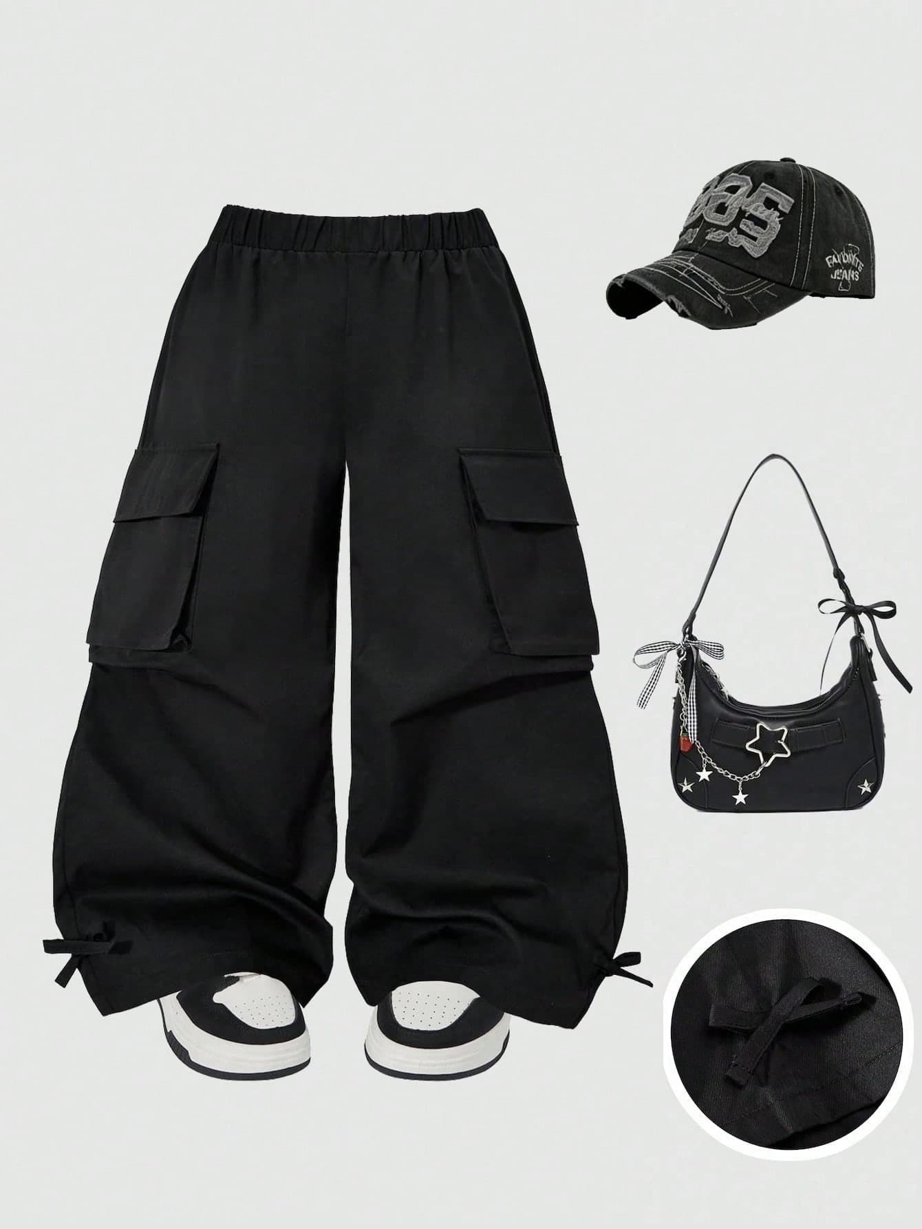 Young Girl Black Cargo Pocket Loose Wide Leg Pants