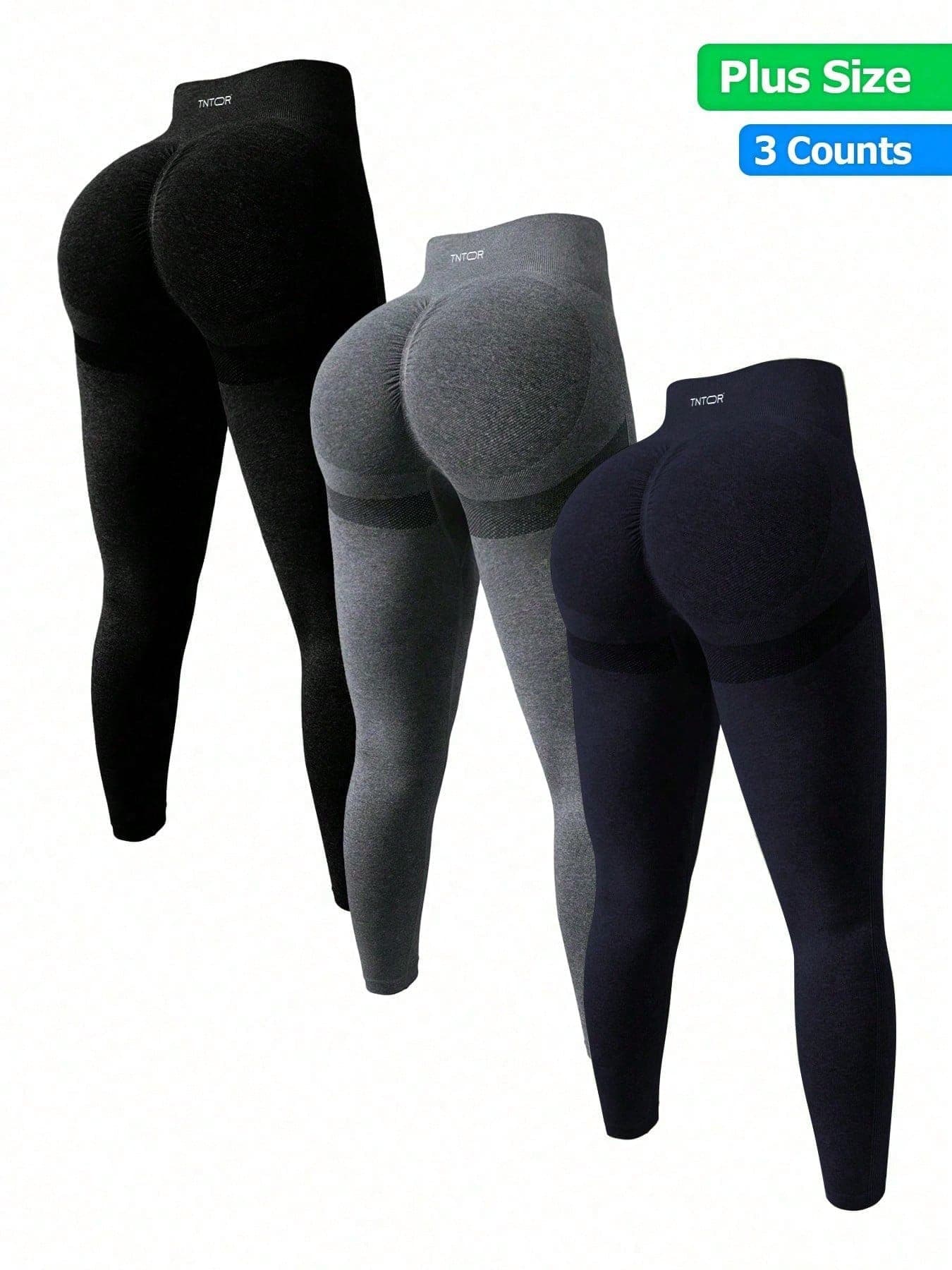 TNTOR 3pcs/Set Plus Size High Waist Lifting Fitness Leggings For Women, High Elasticity Quick Dry Skinny Yoga Pants, Peach Butt Mid-Waist Design With Tummy Control, Suitable For Workout, Cycling, Yoga Spring Sports
