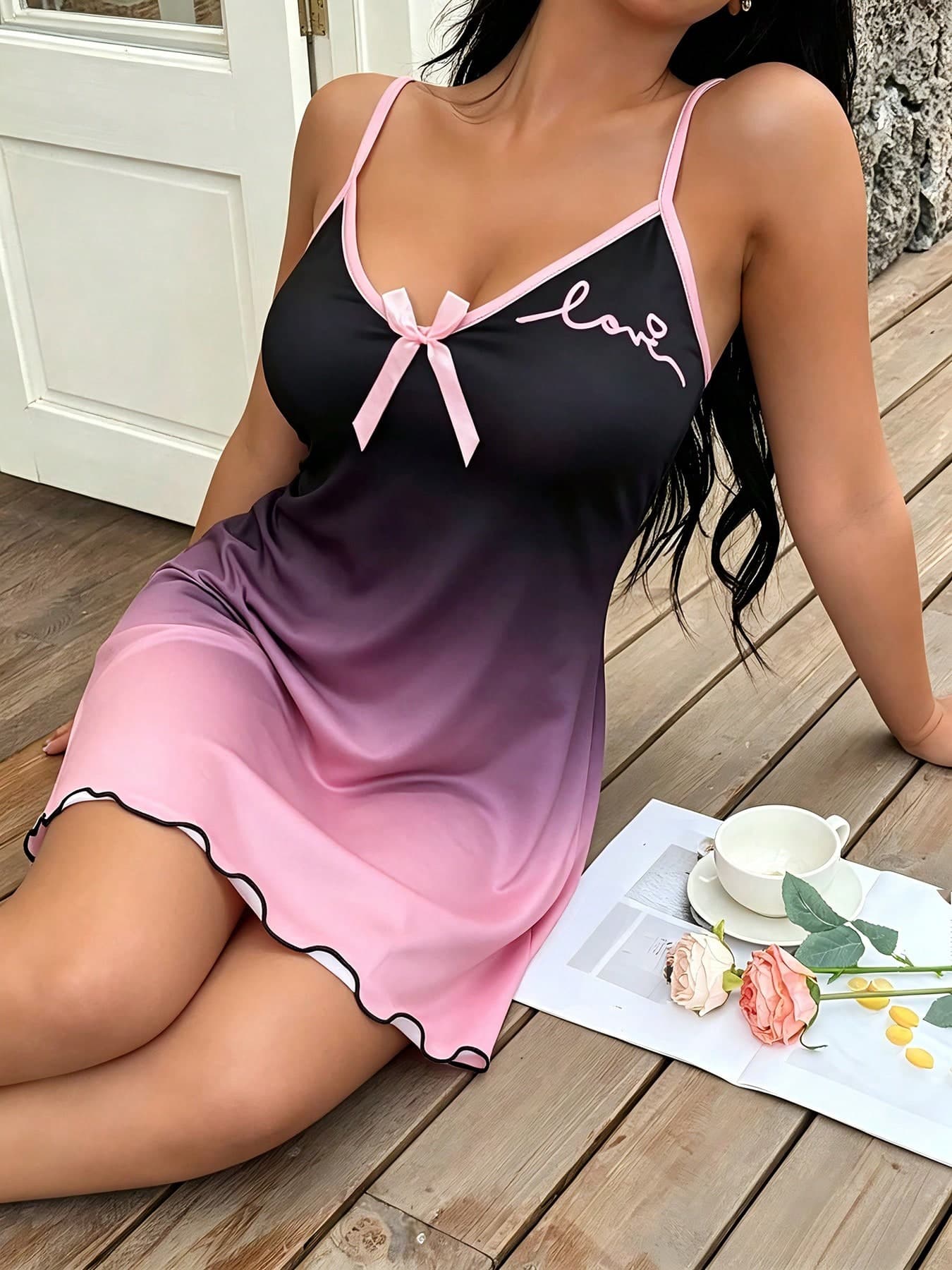 Plus Size Women's V-Neck Spaghetti Strap Nightgown, Unique Printed Design With Bow Tie, Sexy Sleepwear Dress, Suitable For Spring And Summer