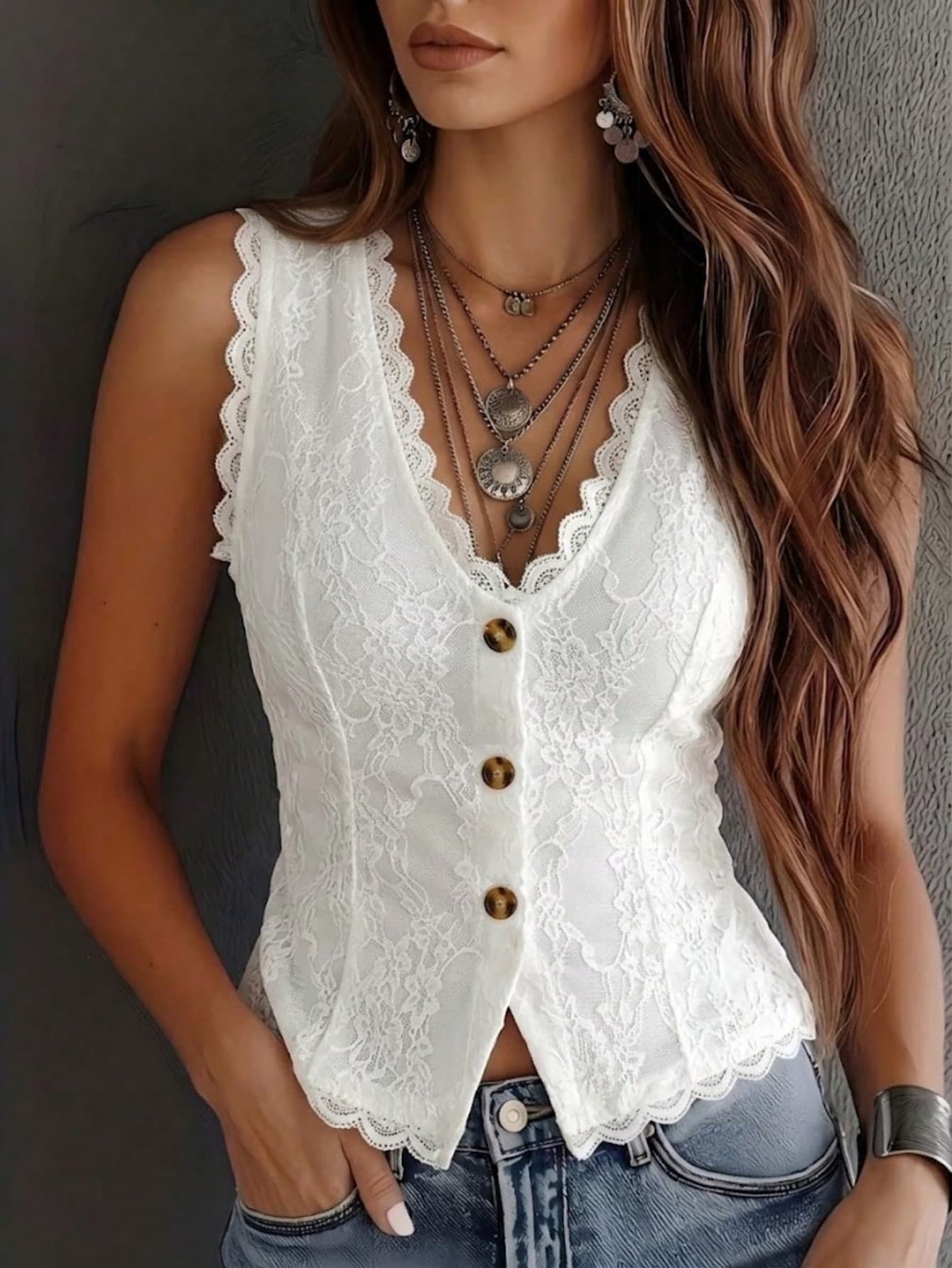 Vintage Western Style White Lace V-Neck Vest, Summer Front Button Sleeveless Top, Elegant For Vacation/Party Casual
