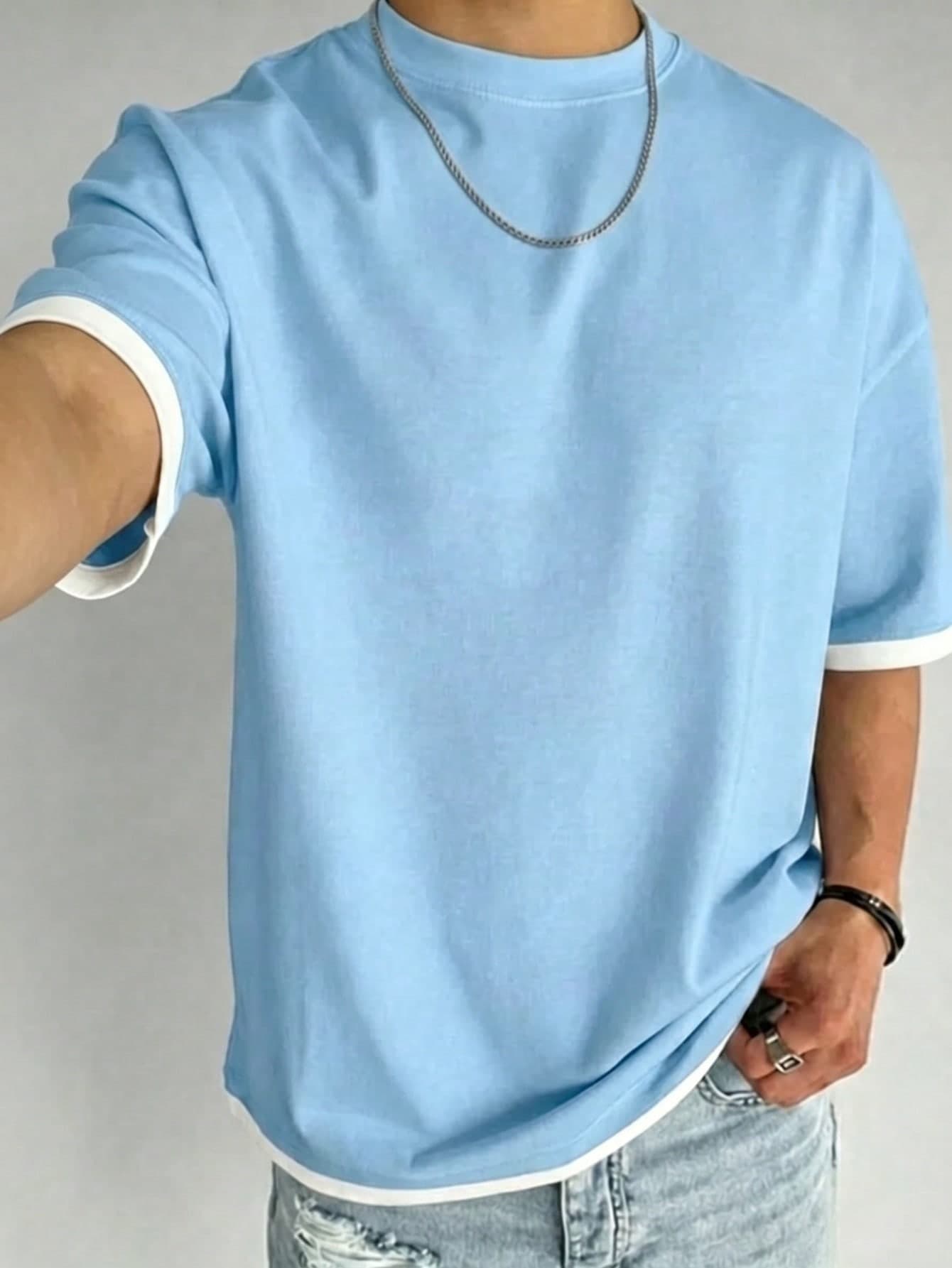 Men's Summer Fashionable Versatile T-Shirt, Contrast Color 2 In 1 Design, Regular Crew Neck, Breathable Knit Fabric, Suitable For Daily Wear